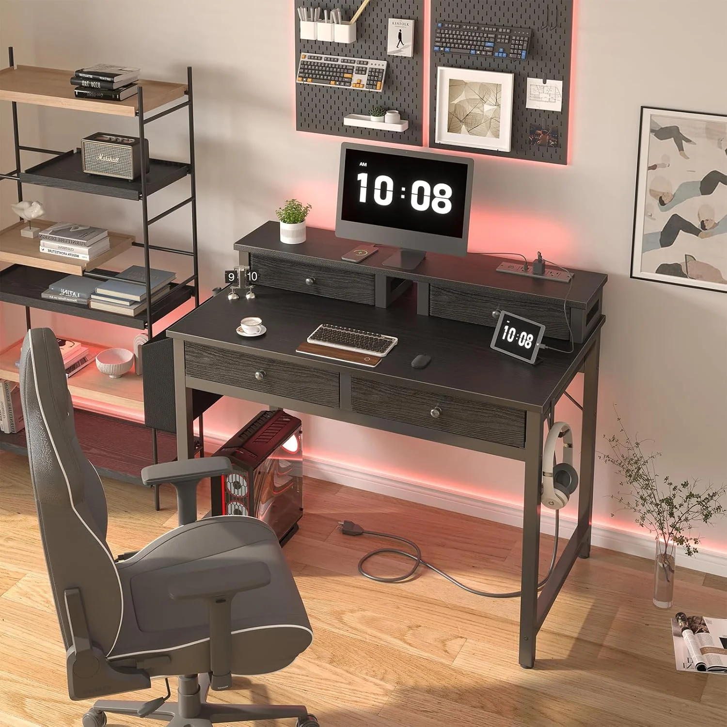 Small Desk with Drawers for Home Office Bedroom, 31 inch Black Writing Study Desks with Fabric Drawers Storage, Gaming Desk Table with Power Outlet & Monitor Stand, Black