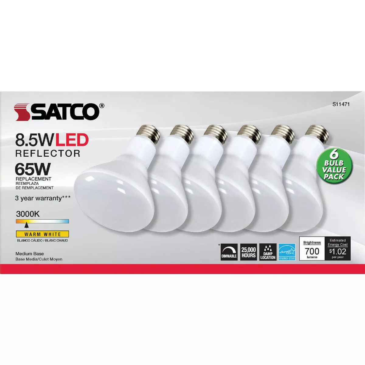 Satco 65W Equivalent Warm White BR30 Medium Dimmable LED Floodlight Light Bulb (6-Pack)