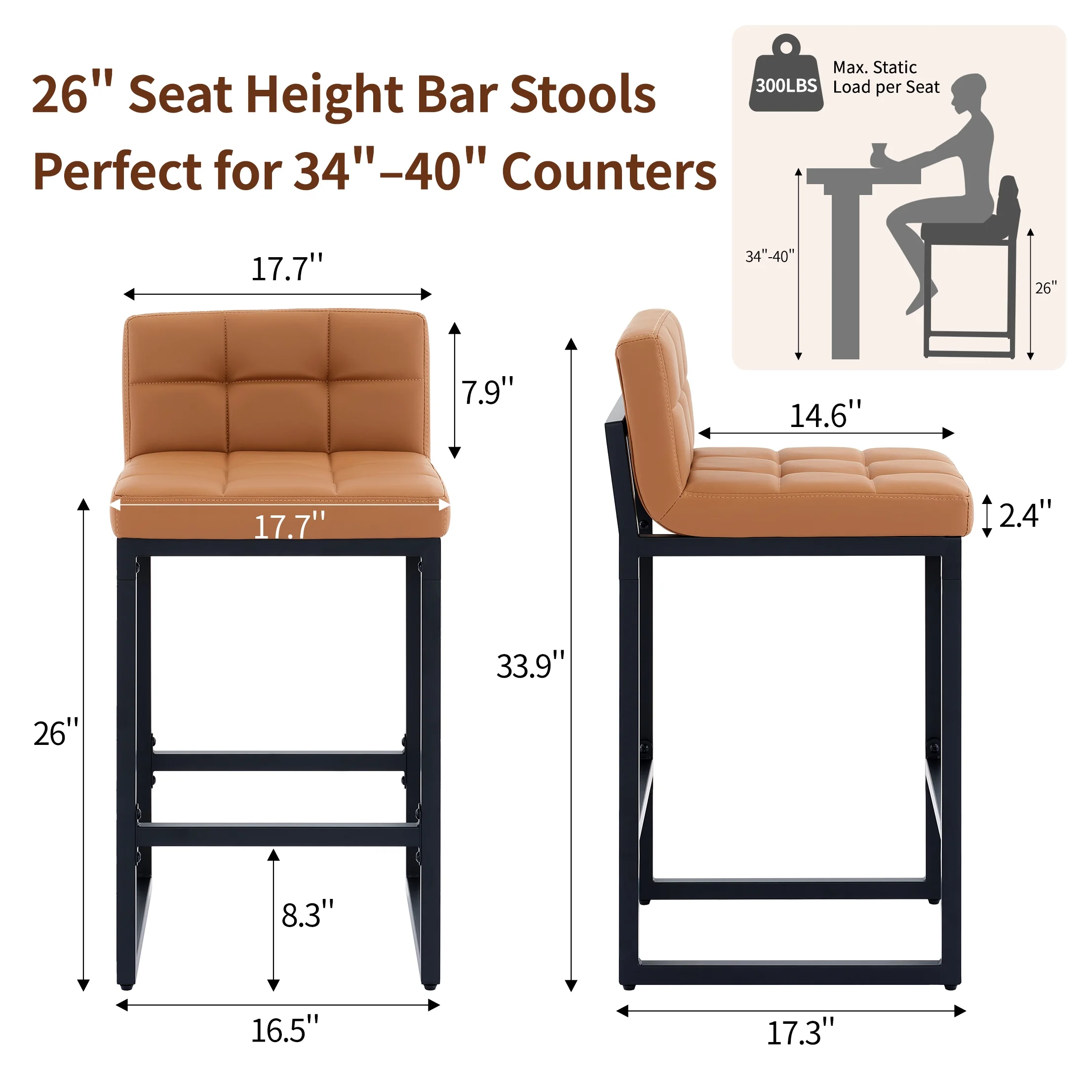 FIRAVOE Bar Stools Set of 3, Counter Height Bar Stools (Low Back)(Thickened Frame) 26" PU Leather Barstools Bar Chairs for Kitchen Island, Black - Image 41