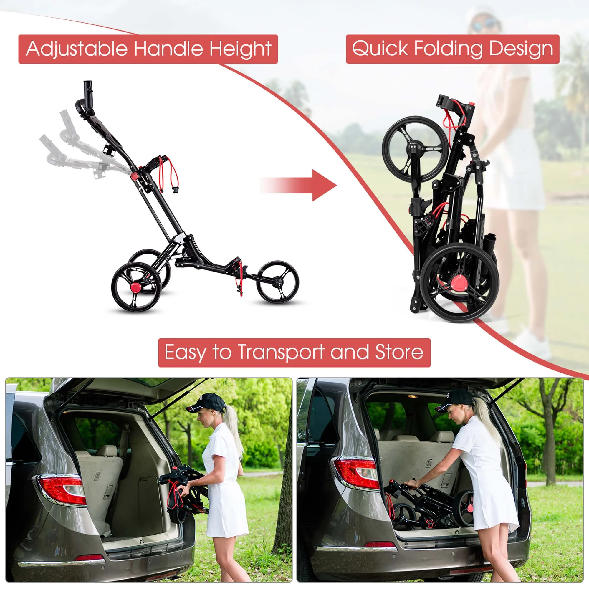 Costway Foldable 3 Wheel Steel Golf Pull Push Cart Trolley Club w/ Umbrella Holder - Image 7