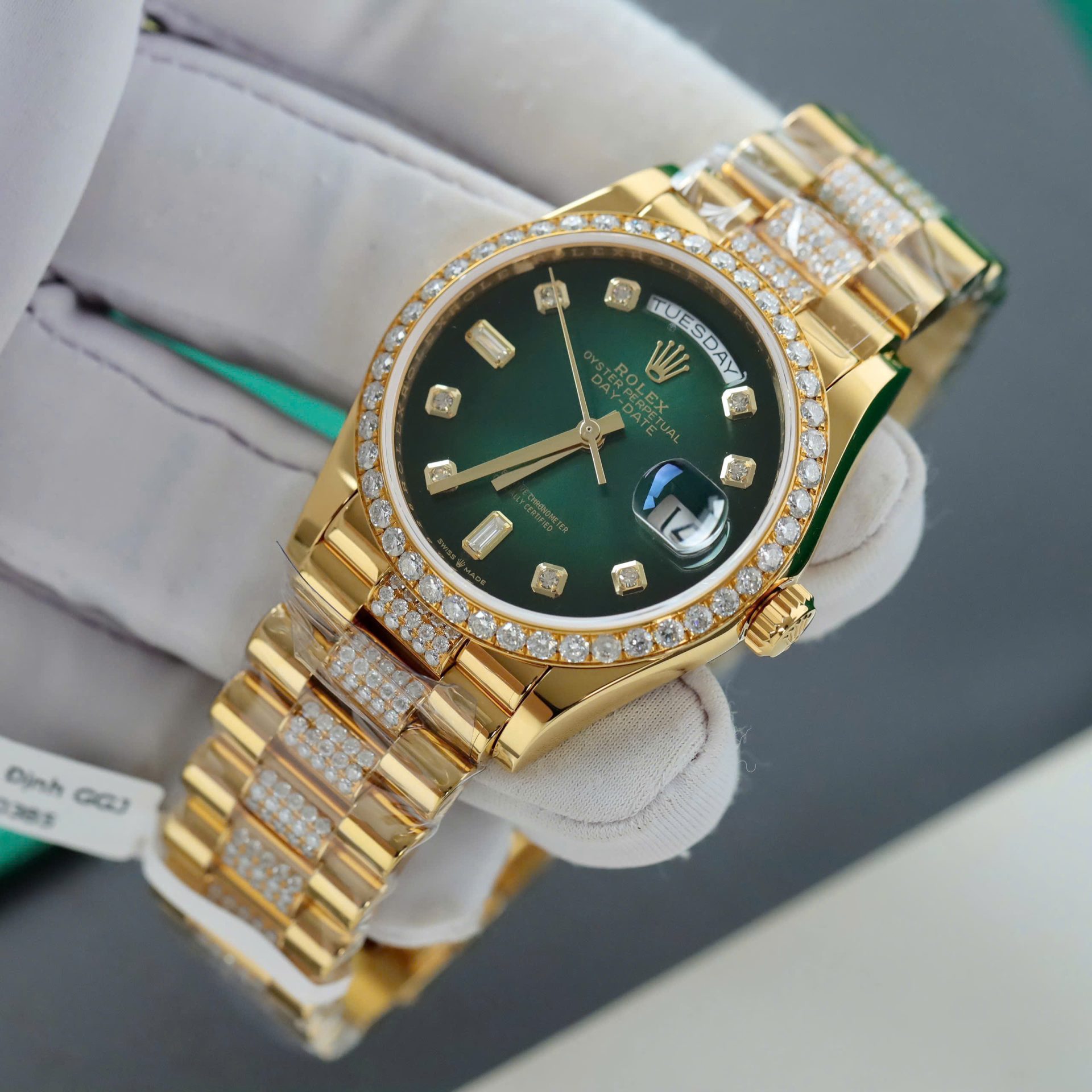 Rolex Day-Date Dial Green Ombre Copies Watch Gold Wrapped + Diamonds Moissanite Custom 36mm - Elite Watch Atelier