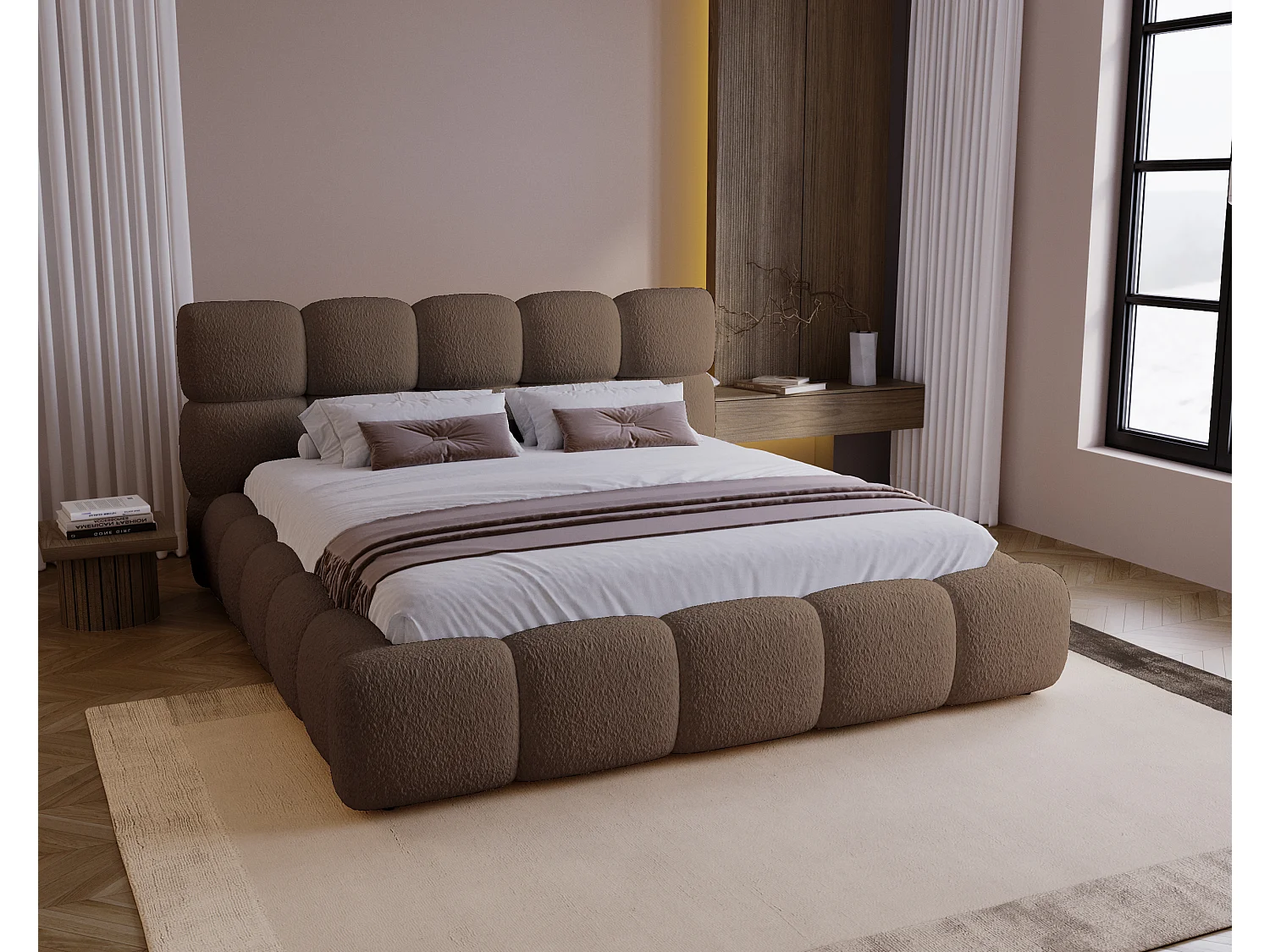 BESILIO Lit tapissé 180x200 bouclé Boston – lit avec coffre de rangement et sommier, lit coffre moderne en mousse épaisse – Marron