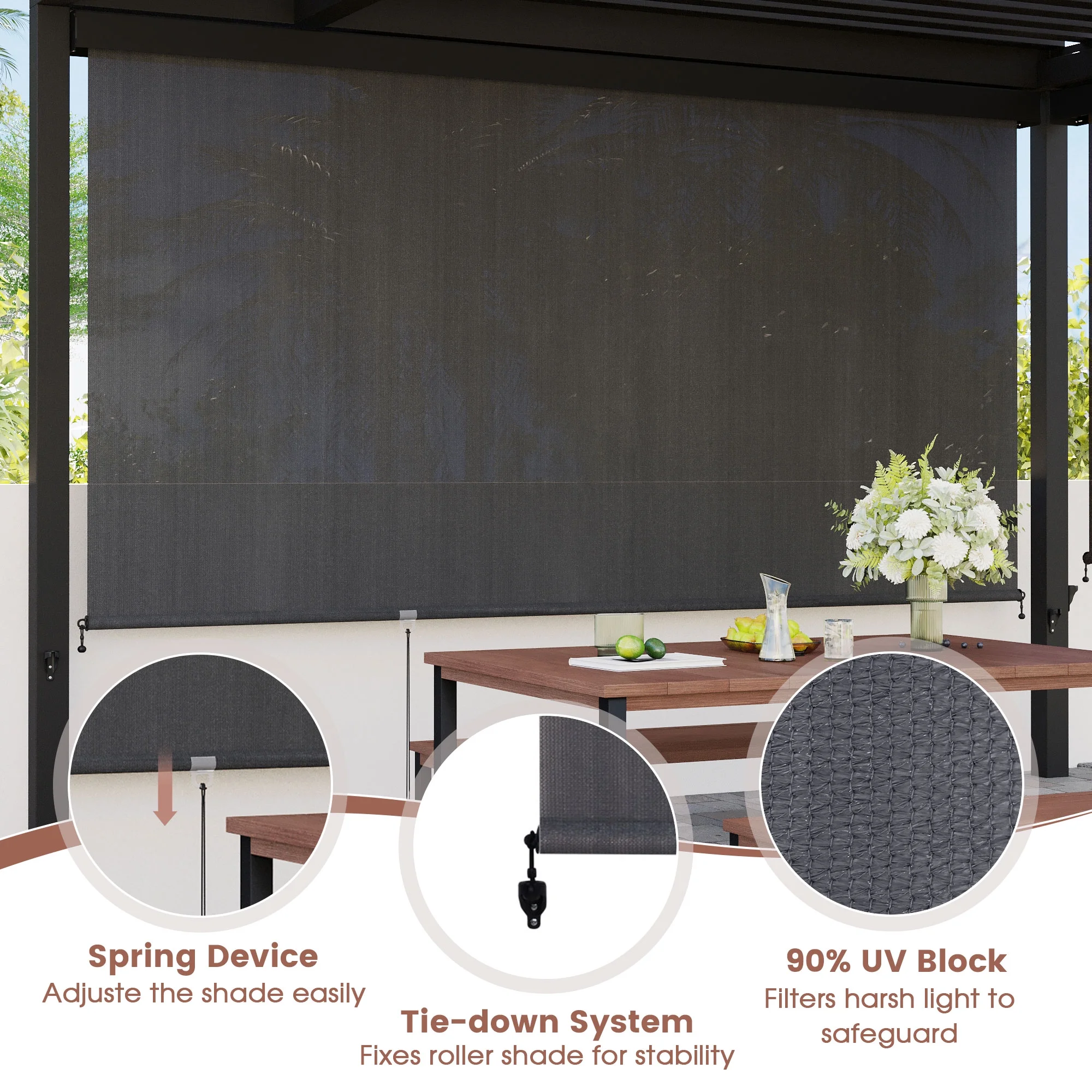 Vicllax Outdoor Patio Blinds Sun Shades Spring Roller Shade with Valance for Patio, Gray, 8'Wx8'H - Image 4
