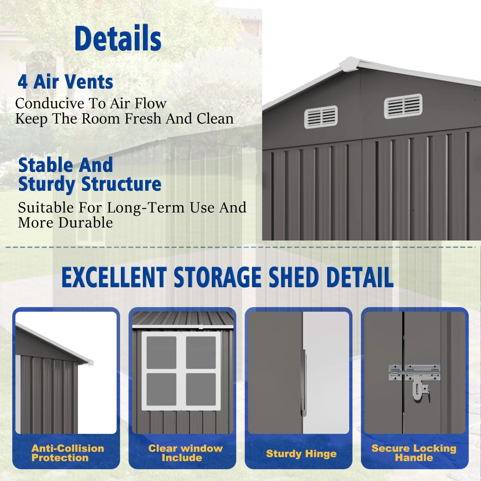 10 x 8 FT Outdoor Storage Shed, Large Metal Storage Shed, Lockable Door and Air Vent, Clear Window Garden Tool Shed for Bicycles, Tools, Lawnmowers, Backyards, Patios, Lawns - Gray - Image 6