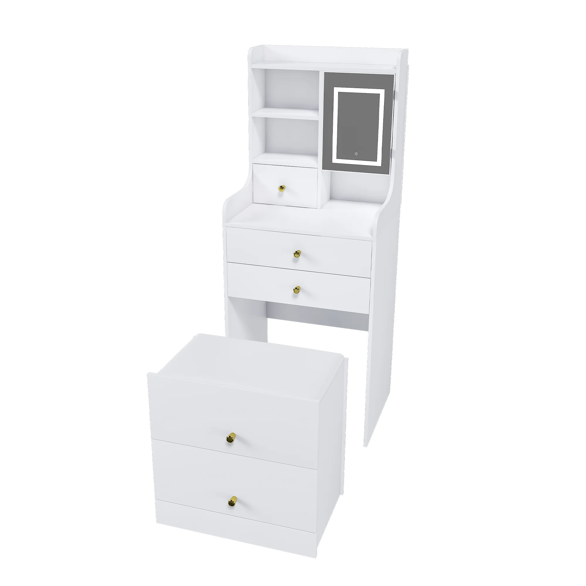 Montary Modern Mini Vanity w/Adjustable LED Mirror + Hidden Storage, Padded Stool & Dustproof Shelves (White) - Image 43