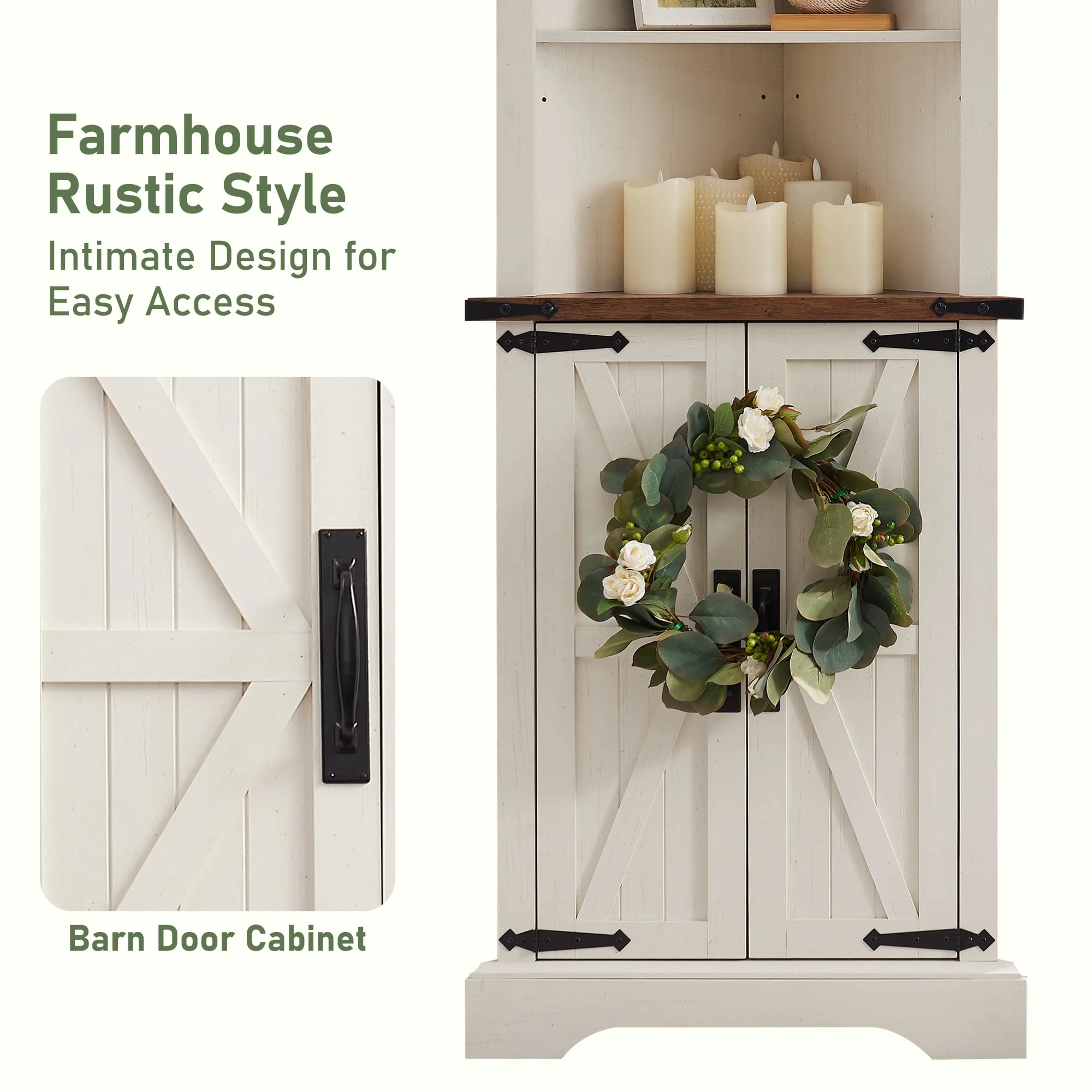 OKD Farmhouse Tall Corner Cabinet with Barn Door & Adjustable Shelves, 68" Rustic Wood Corner Cabinet with Storage Cabinet for Bathroom, Kitchen, Antique White - Image 6