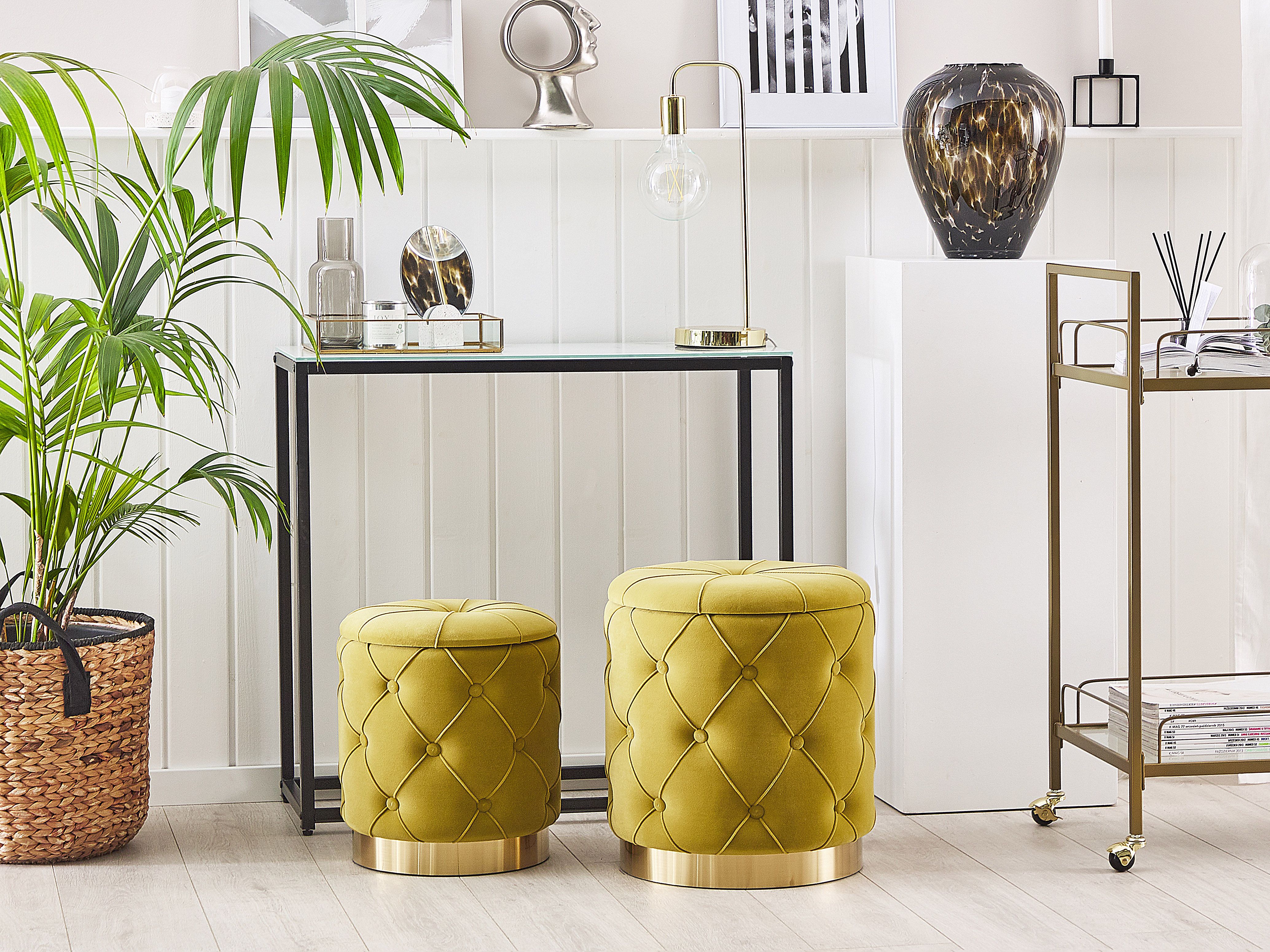 Set of 2 Storage Pouffes PUEBLO Velvet Mustard