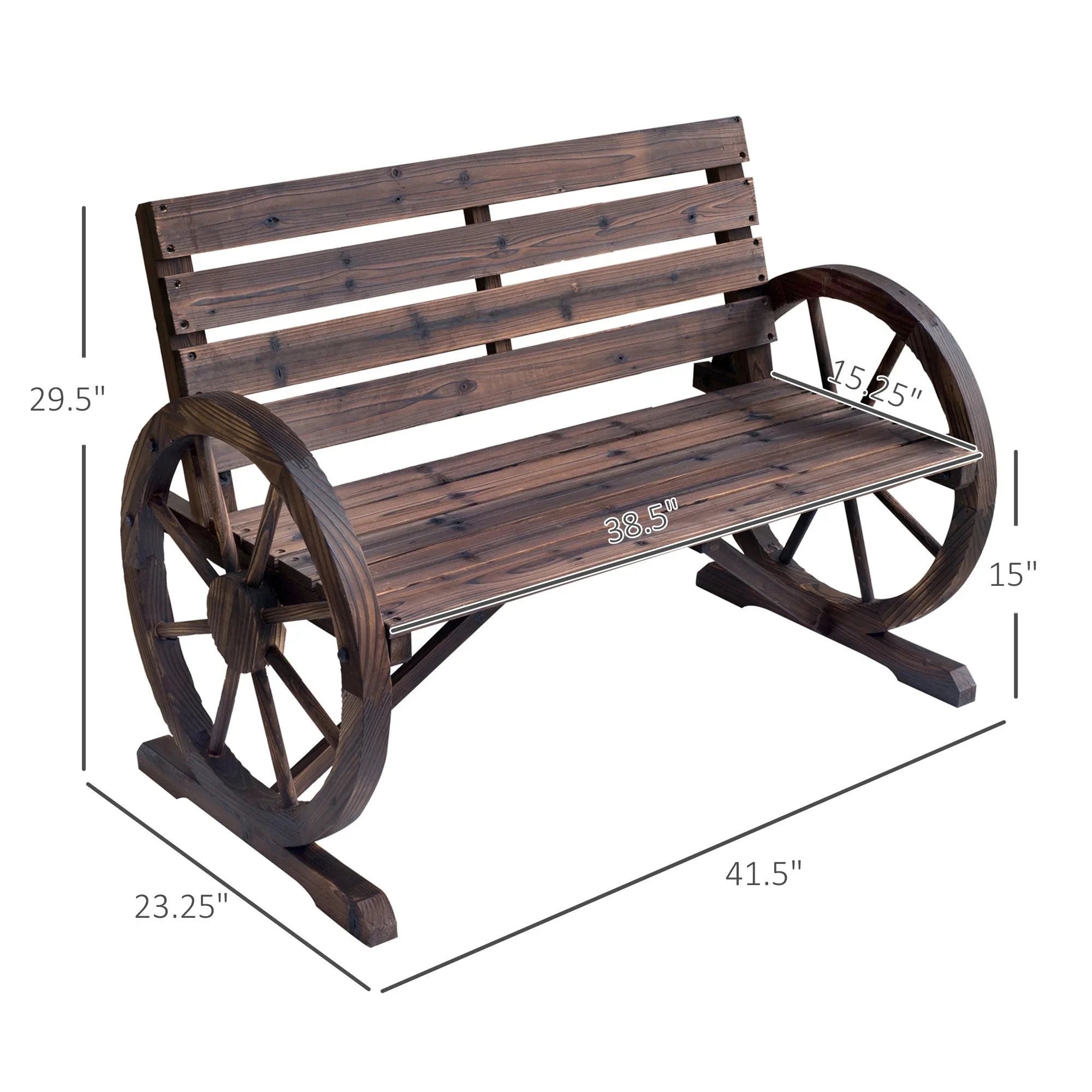 Outsunny Wooden Wagon Wheel Bench, 2-Person, Fir Wood, Carbonized, 41.5in L x 23.25in W x 29.5in H - 84B-183 - Image 9 Outsunny Wooden Wagon Wheel Bench, 2-Person, Fir Wood, Carbonized, 41.5in L x 23.25in W x 29.5in H - 84B-183 - Image 9