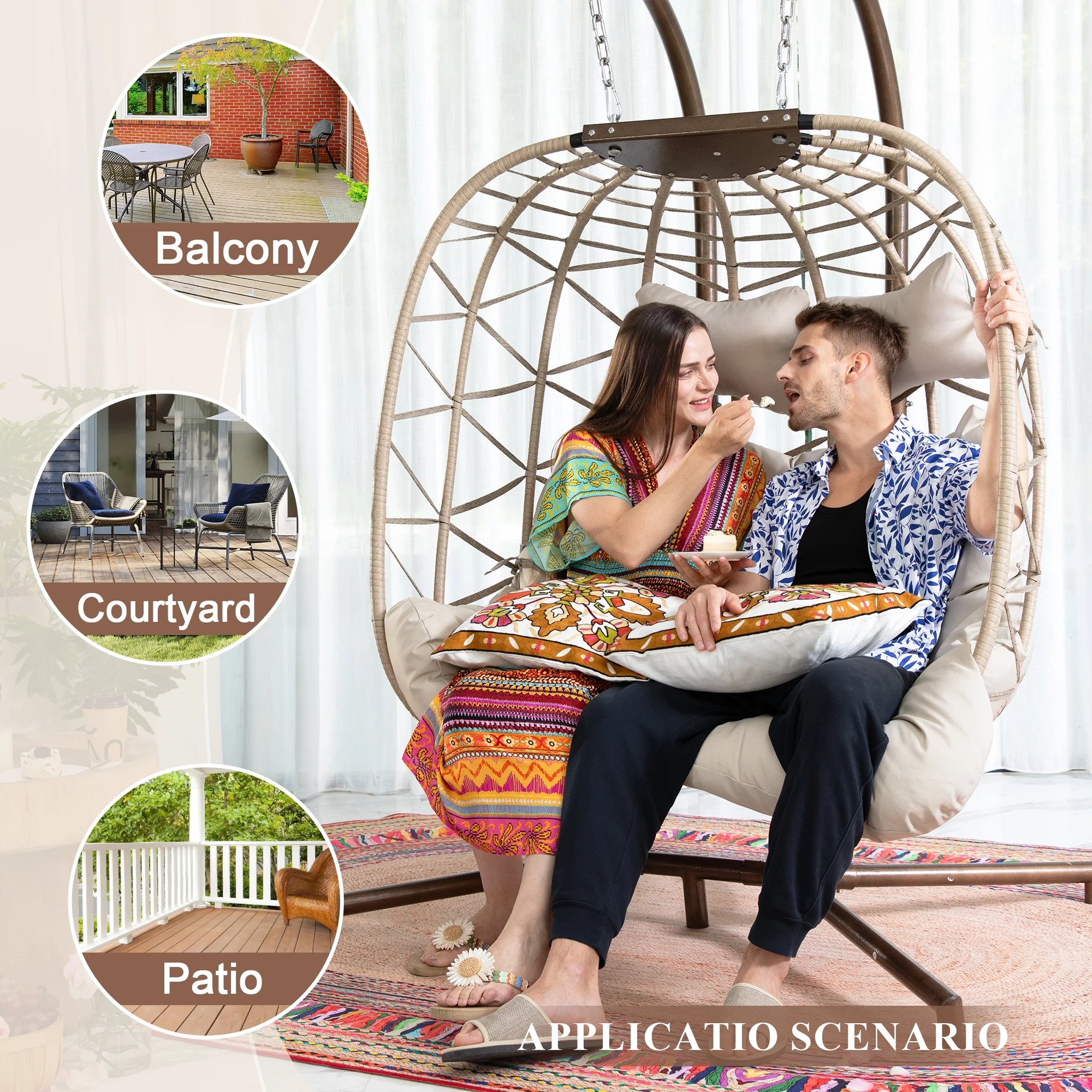 RADIATA Double Wicker Egg Swing Chair with Stand, 2-Person Hanging Egg Chair for Indoor/Outdoor, 700lbs Capacity, Thick Cushions & Headrest,Sturdy Metal Frame��Dark Gray - Image 33