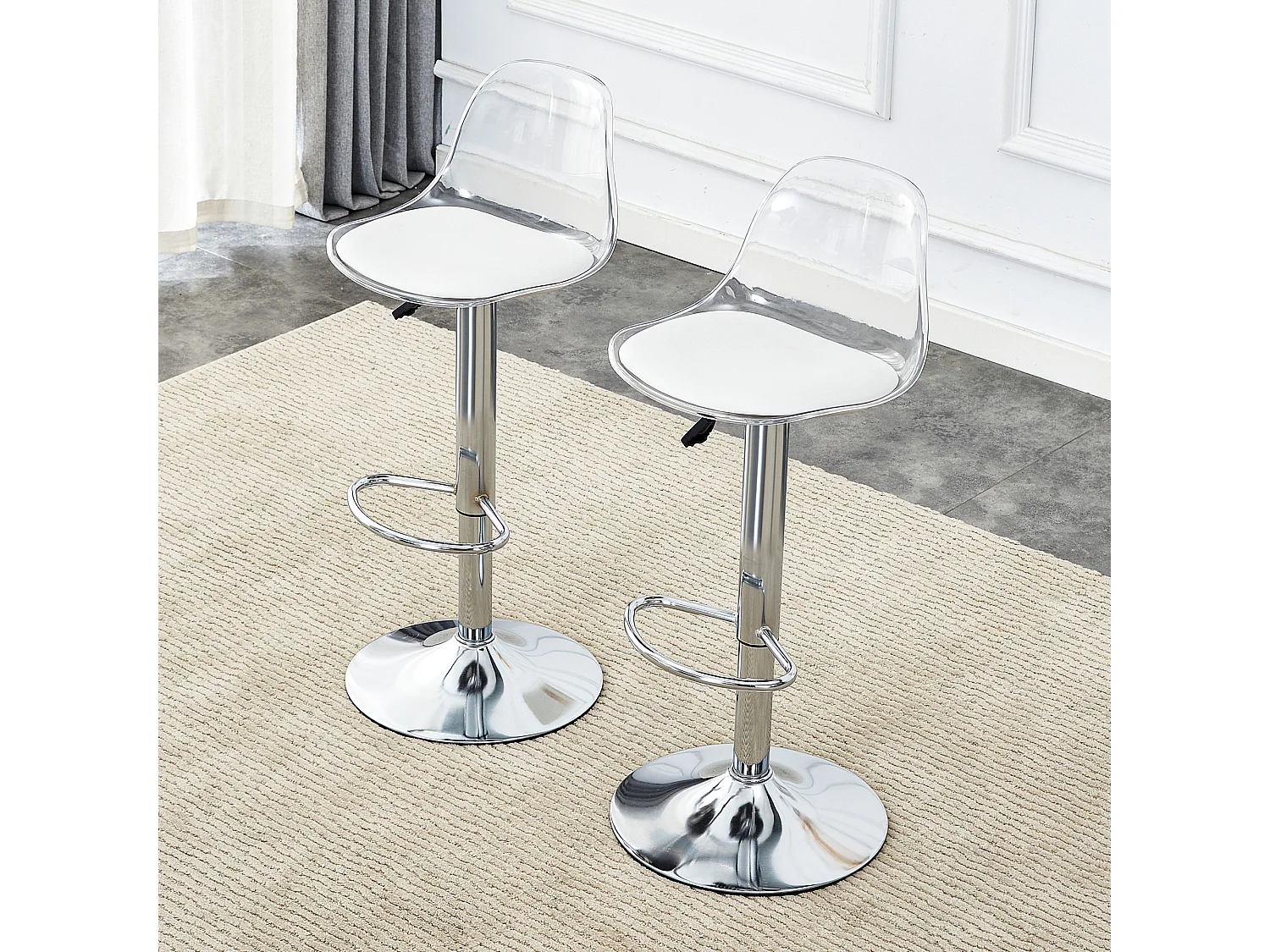 Lot de 2 tabourets de bar avec dossiers transparents - Hauteur réglable - Pieds en métal argenté
