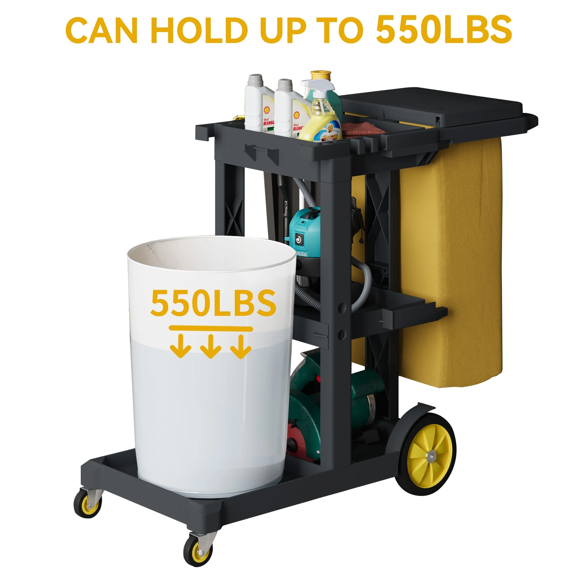Dextrus Commercial Janitorial Trolley Cleaning Cart, 25 Gallon Capacity with Cover, for Housekeeping & Facility Maintenance, Black