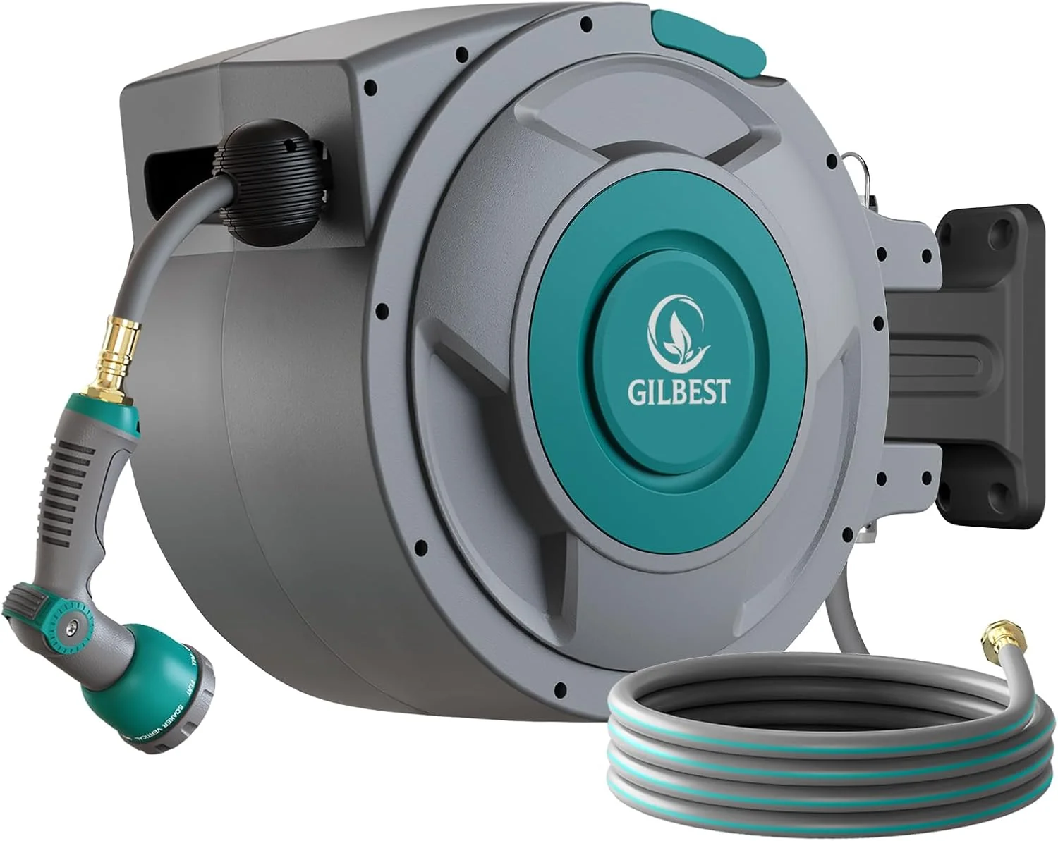 GILBEST Retractable Garden Hose Reel, 100 ft x 5/8 in, Green, 10-Function Nozzle GILBEST Retractable Garden Hose Reel, 100 ft x 5/8 in, Green, 10-Function Nozzle