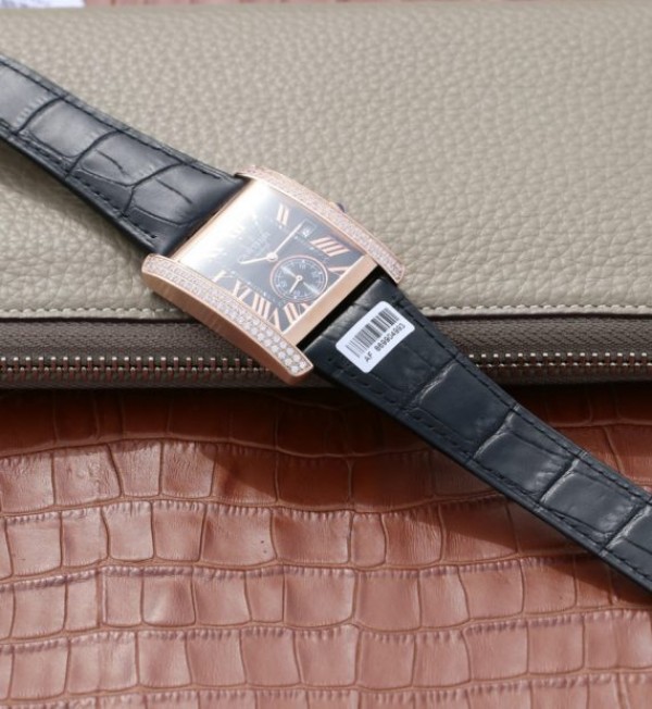Replica Cartier Tank MC RG Black Textured Dial Diamonds Bezel Leather Strap - Top club