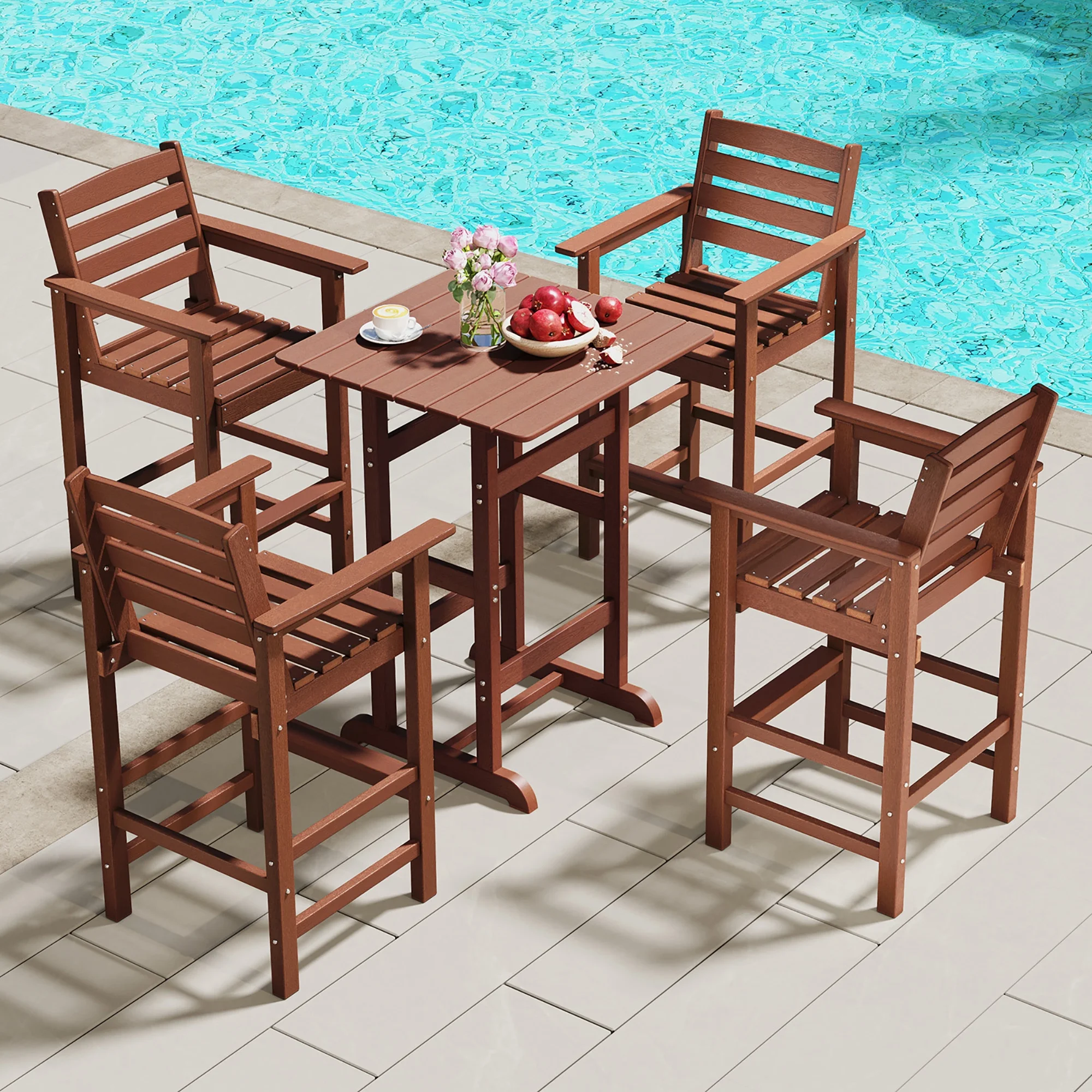 Gymax Patio Bar Stools Set of 4 Tall Adirondack Chair w/ Backrest Armrests & Footrests Brown