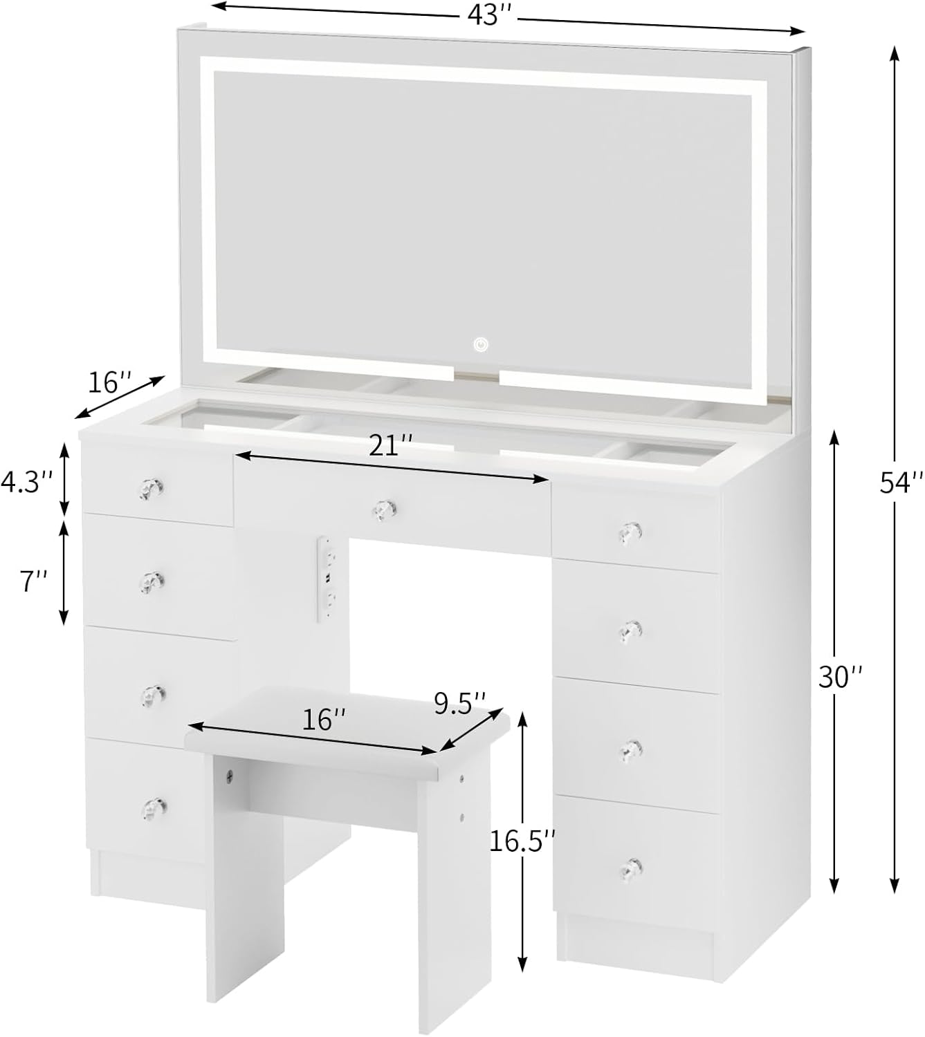 VOWNER Vanity with Lighted Mirror - Glass Top Makeup Desk with Power Outlet and 9 Drawers, 3 Color Lighting Modes Adjustable Brightness, 43
