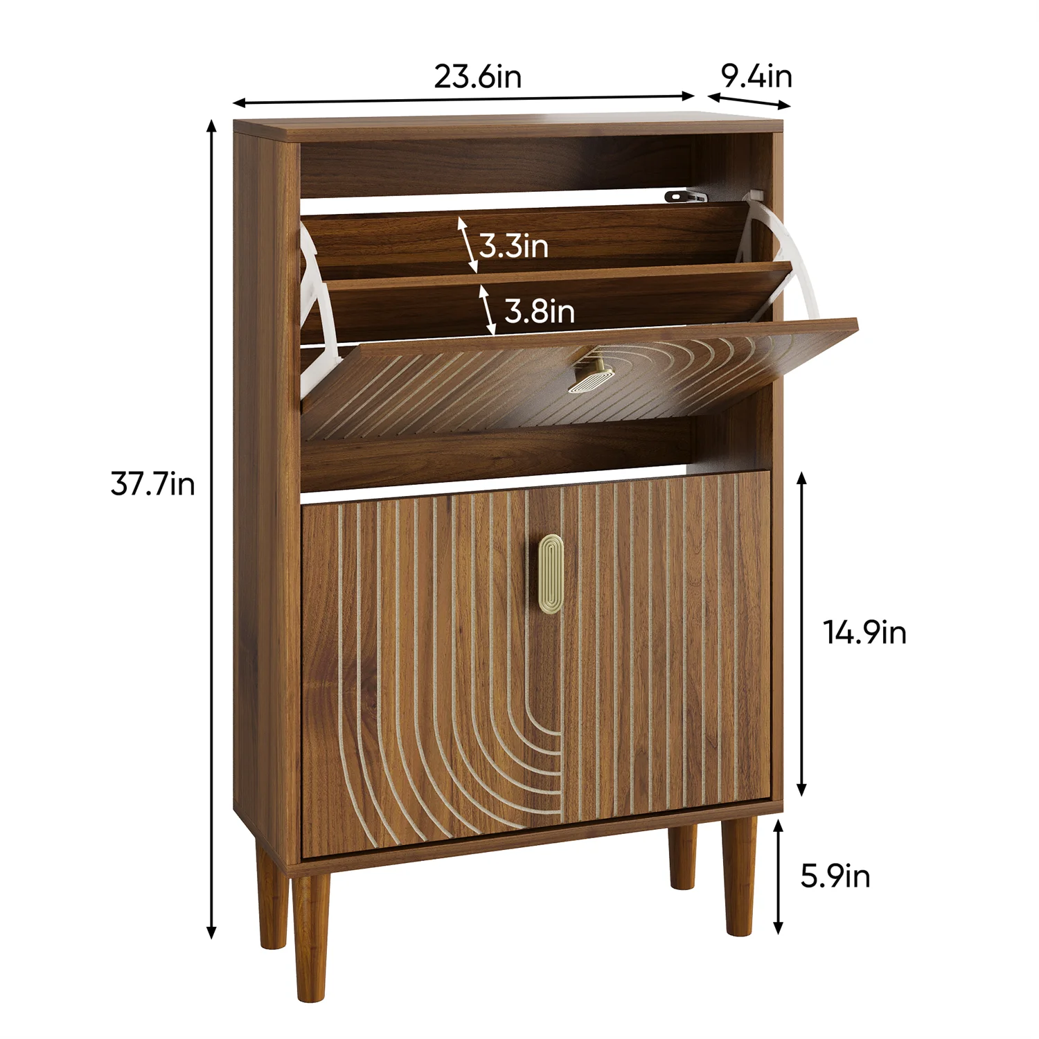 Hommoo 2 Flip Drawers Shoe Storage Cabinet, Freestanding Shoe Cabinet with Metal Handles & line groove design, Shoe Rack Cabinet, Walnut - Image 4