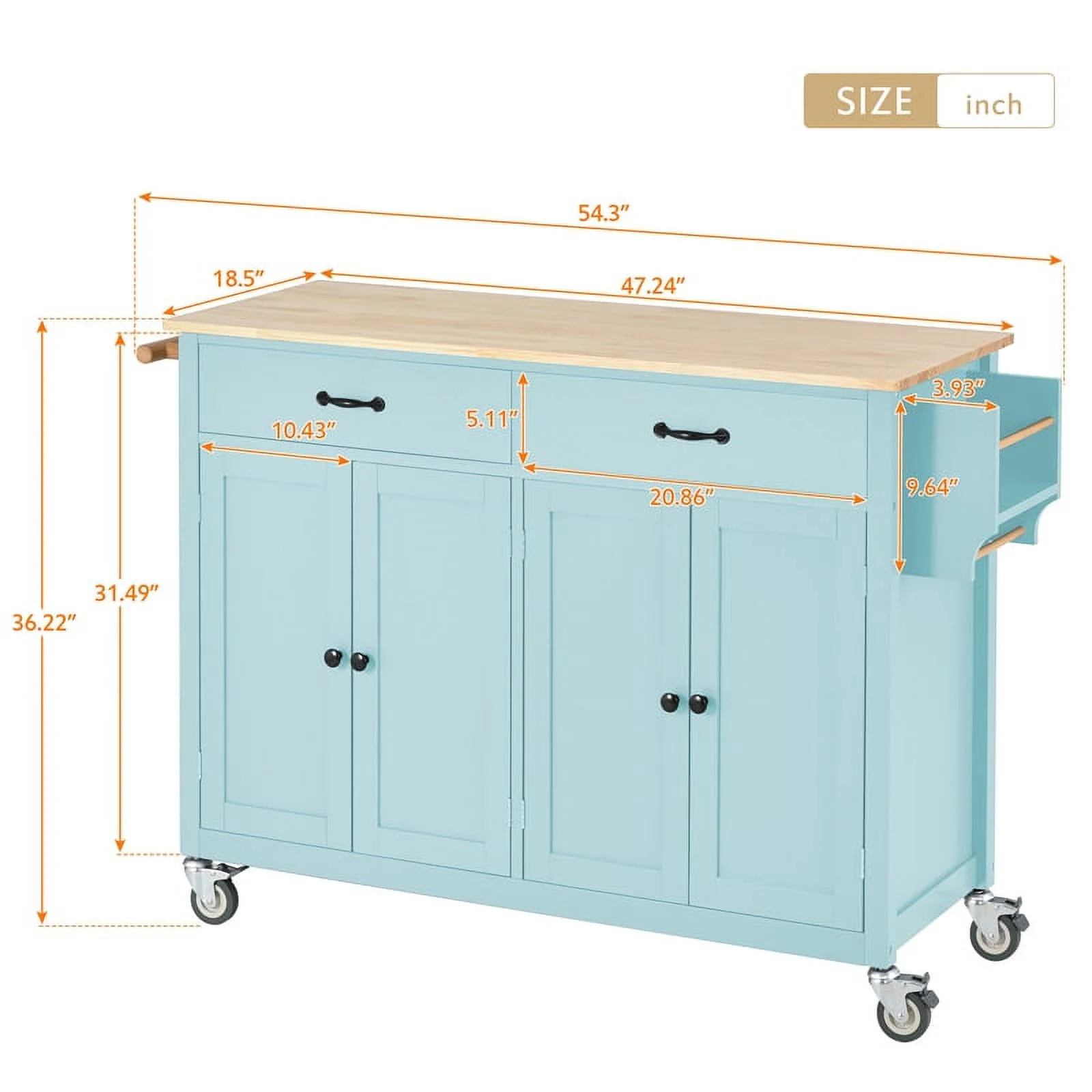 Kitchen Storage Islands&Carts with Solid Wood Top and Locking Wheels, Kitchen Island Cart with 4 Door Cabinet and Two Drawers, Kitchen Cabinets for Kitchen and Dining Room, Green - Image 4