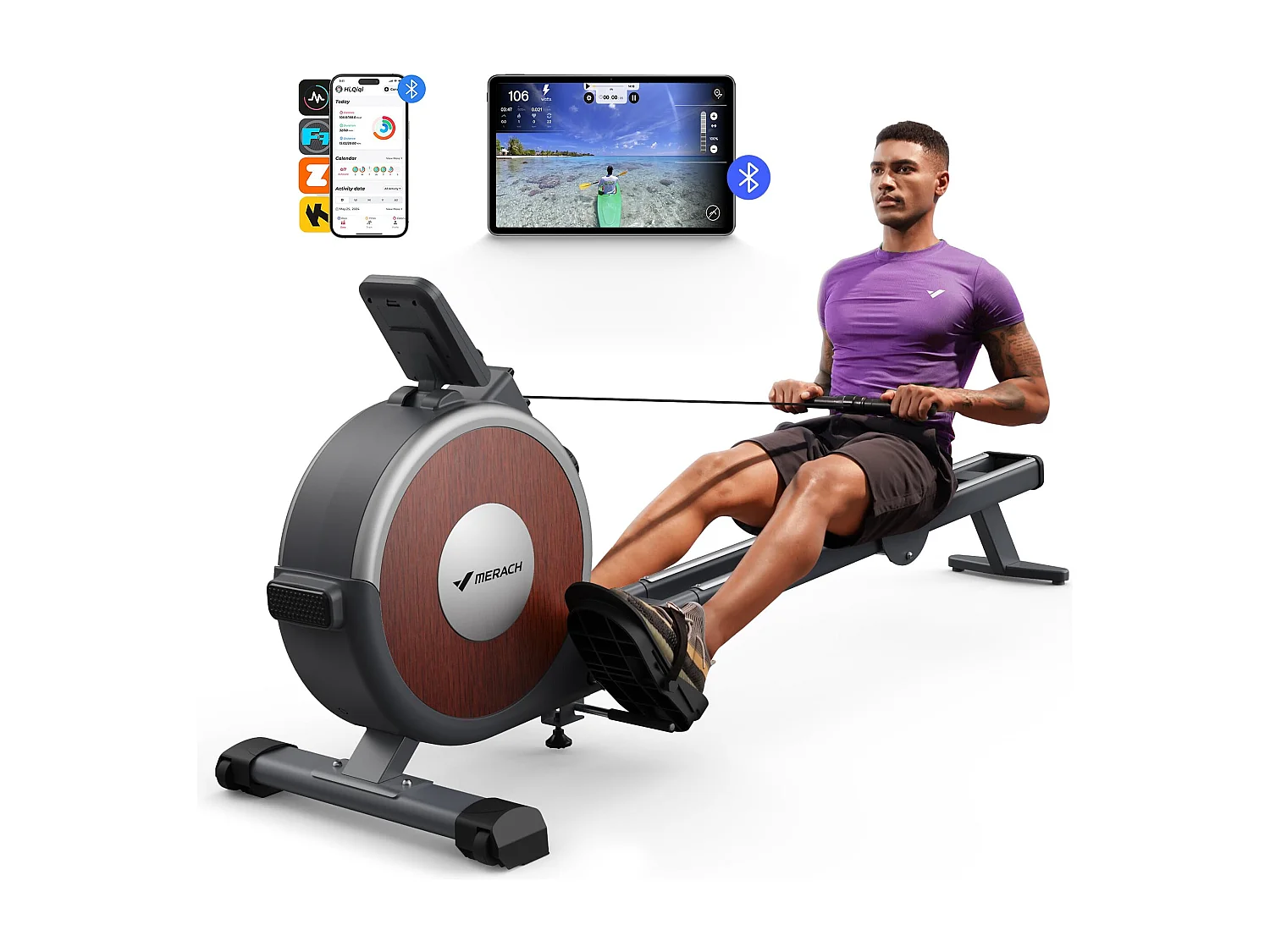 Rameur d'Appartement Merach, 16 Niveaux de Résistance, Deux Rails, Charge Maximale de 160 kg, Compatible avec APP