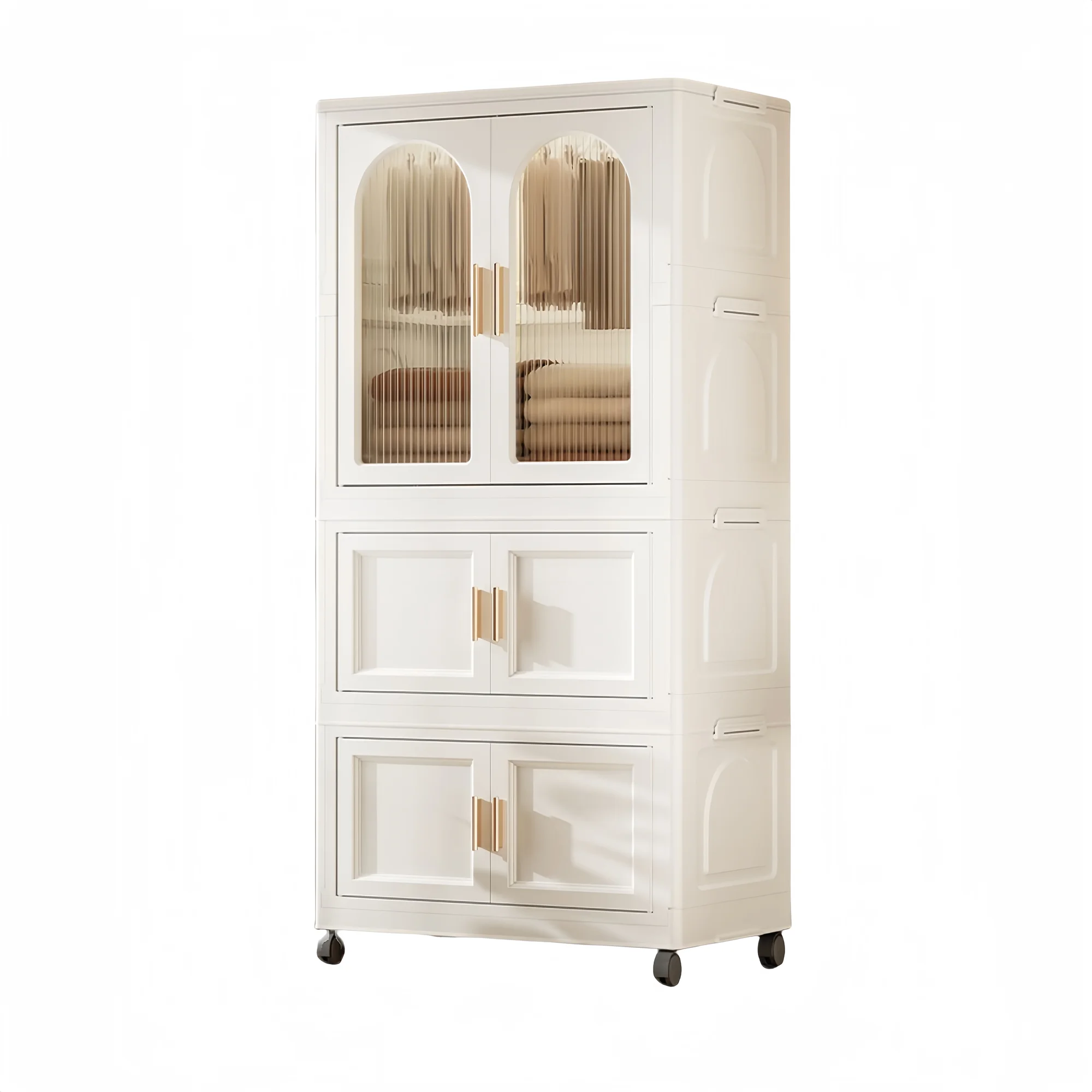 PORKISS Portable Wardrobe Closet, Folding Bedroom Armoire with Wheels, Plastic Storage Basket Can be Freely Combined (1 Layer of Wardrobe + 2 Layers of Folding Boxes+10 Hangers), Cream White-57.09"H - Image 11