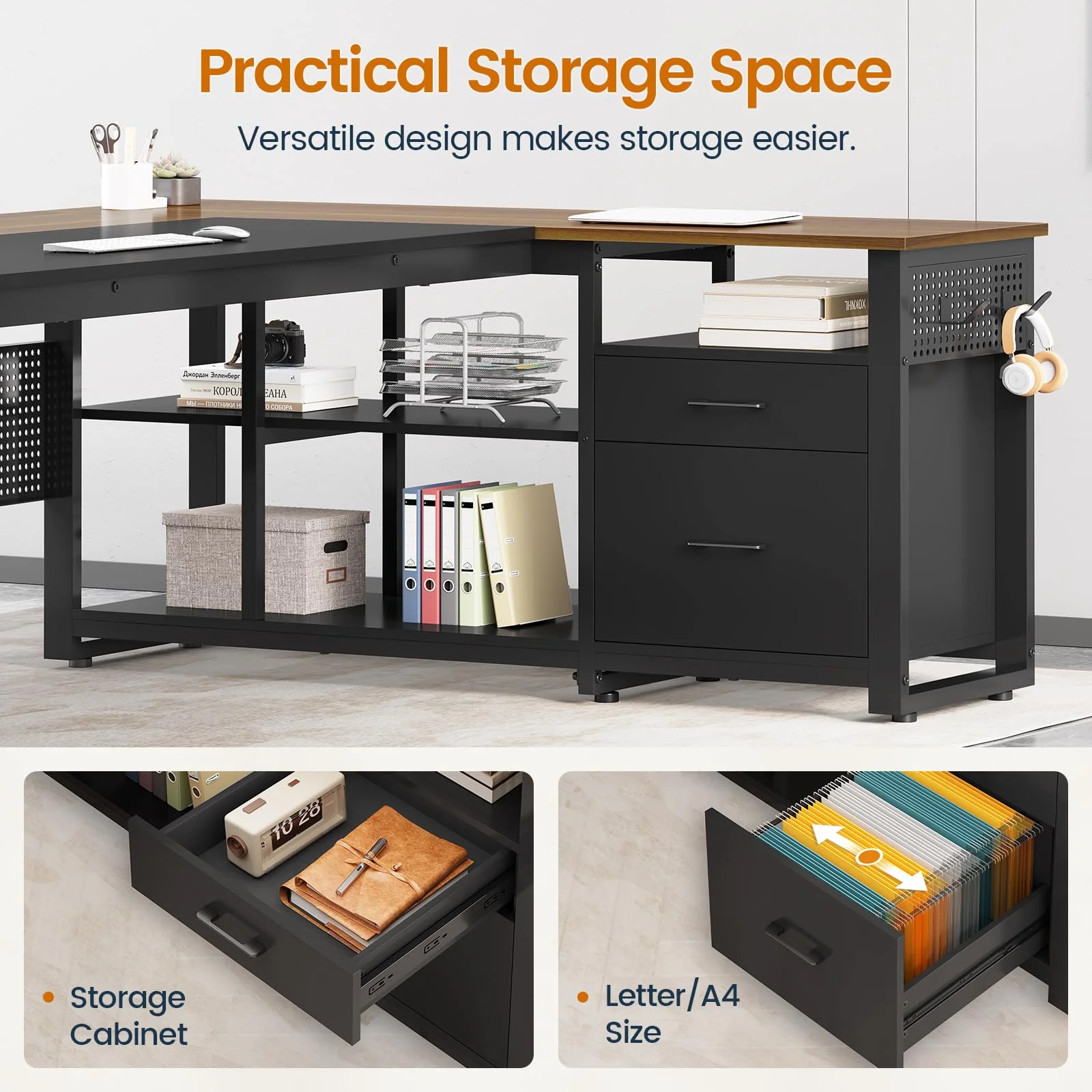 71" Executive Desk with Power Outlets, Modern L Shaped Office Desk with File Drawers and Pegboard, Large Computer Desk, Rustic Brown - Image 23