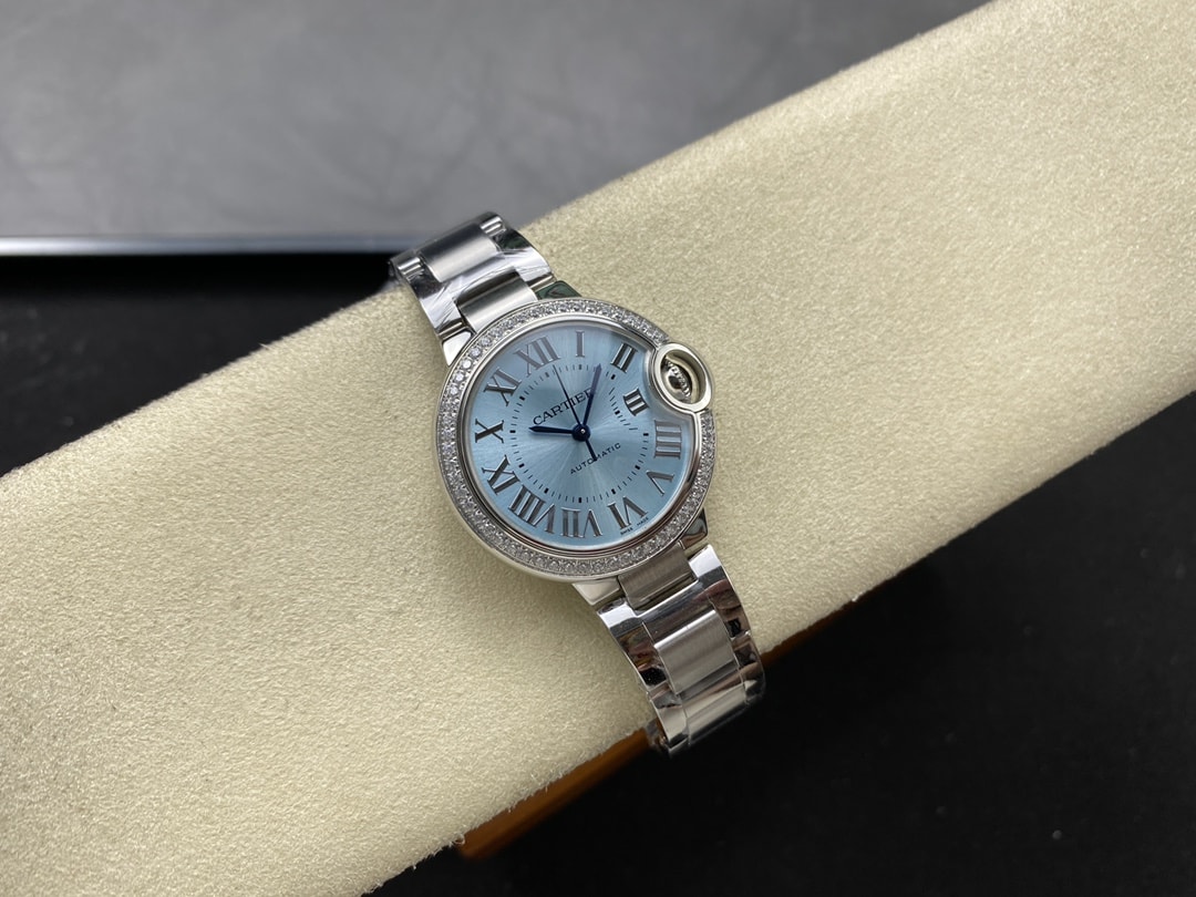 Ballon Bleu de Fake Cartier Watch Steel Diamond Bezel 33mm Blue Silver Dial W4BB0028(1:1 replica) - Top club