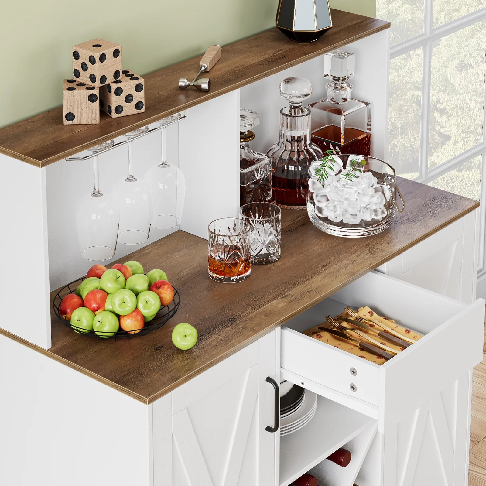 Homfa Wine Bar Cabinet with Hutch, Farmhouse Storage Cabinet with Wine Rack, Buffet Sideboard for Dining Room, White