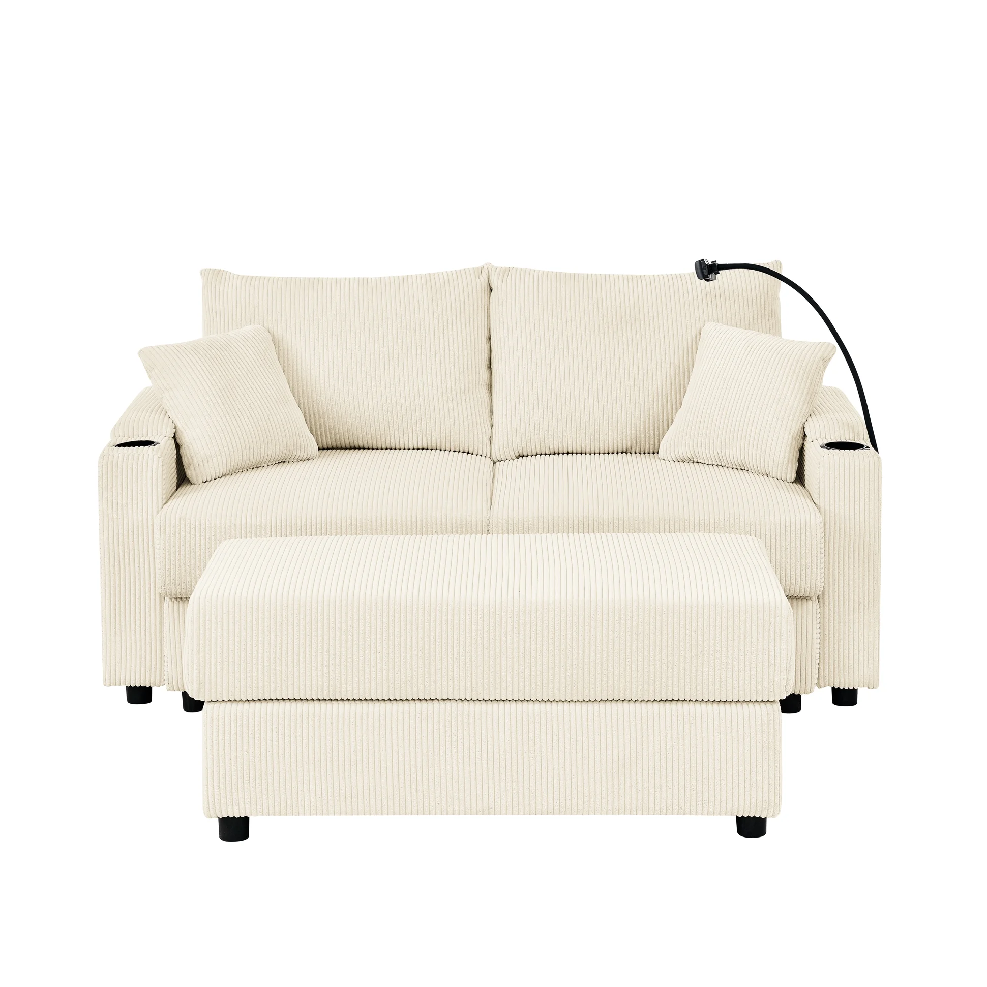 Beige Corduroy Chair With Storage And , 22.5in Seat, Modern Design Quality, Cup Holders & Phone Holder, Wood Construction For Living Room Deep Seat Room, Style Base