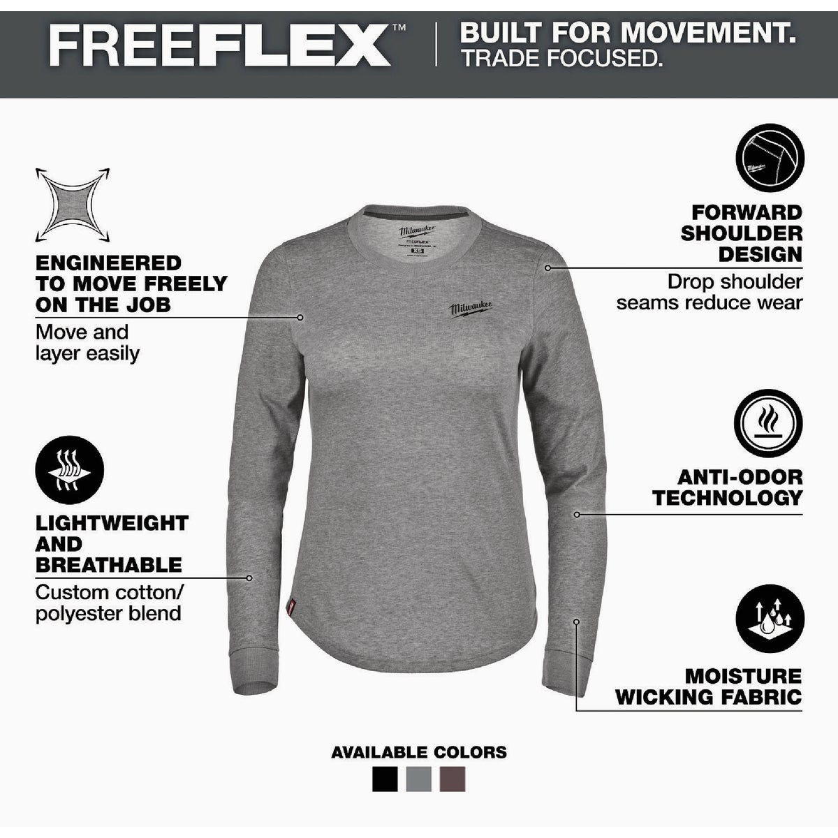 Milwaukee FREEFLEX Women's Large Gray Long Sleeve Hybrid T-Shirt