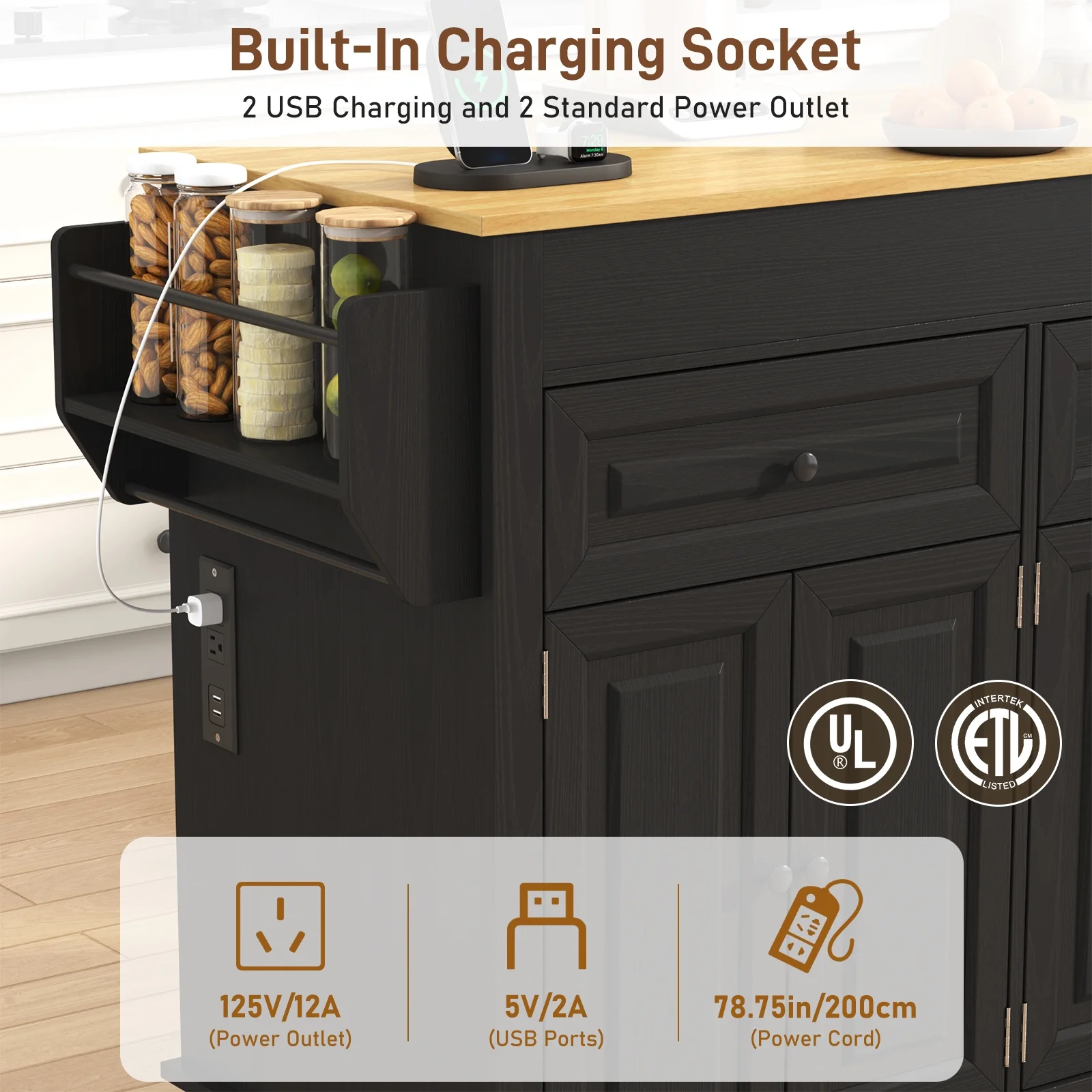 ANPOO Large Kitchen Island with Extendable Dining Table and Power Outlet, Rolling Kitchen Island Cart on Wheels with 2 Storage Cabinets & 2 Drawers & 3 Spice Racks, Island Table for Kitchen - Image 4
