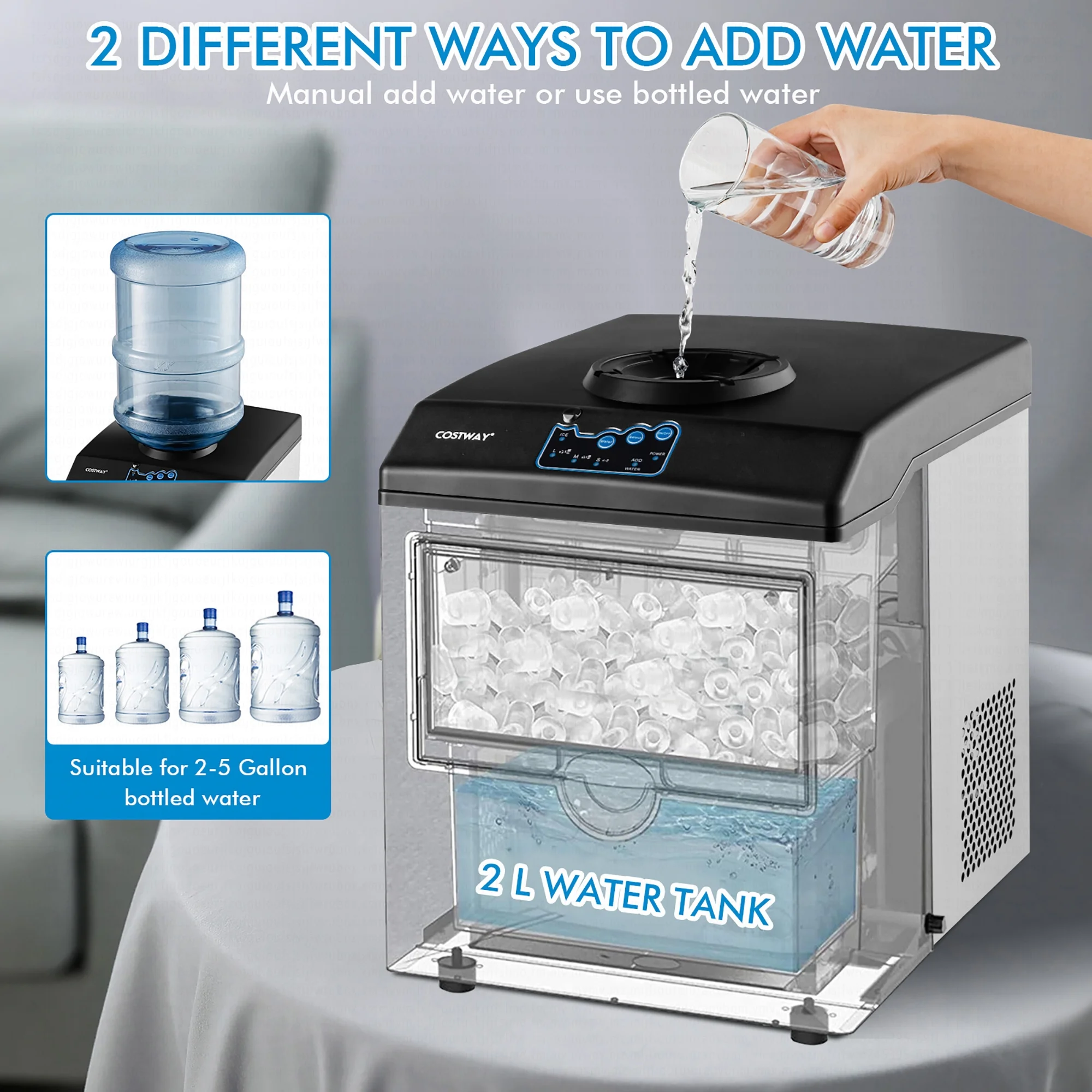 Costway 2-in-1 Stainless Steel Countertop Ice Maker Water Dispenser 48Lbs/24H w/ Scoop - Image 6