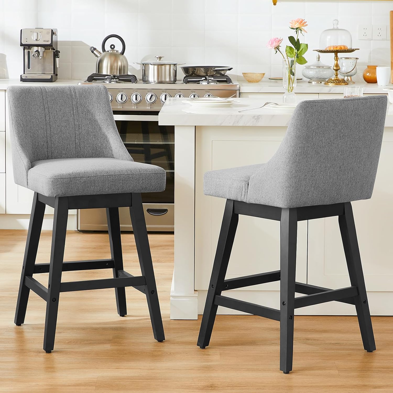 27'' Counter Height Bar Stools Set of 2, Swivel Bar Stools with Backs, Modern Fabric Bar Stools for Kitchen Island, Solid Wood Legs, Adjustable Feet (Fabric - Dark Gray, Set of 2-27