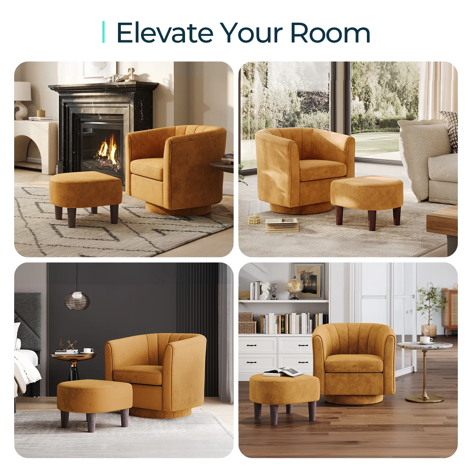 LINSY HOME Swivel Accent Chair with Ottoman, Velvet Barrel Chair for Living Room, Blue - Image 16
