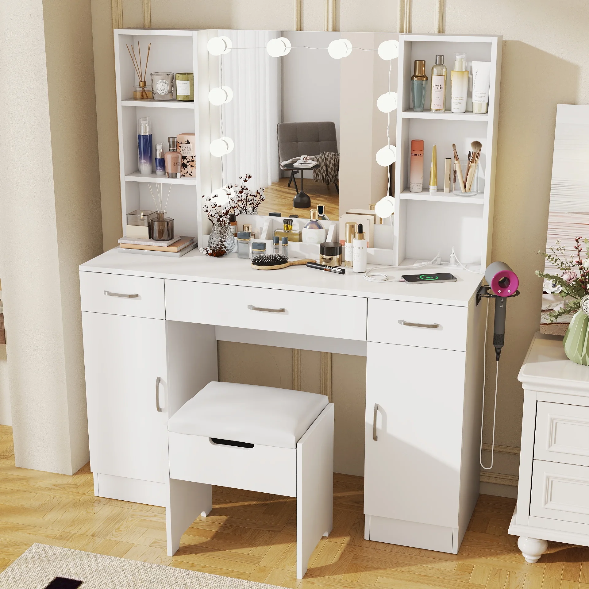 VEANERWOOD Large Makeup Vanity Set with Light Modern Makeup Vanity Table with Storage and Adjustable Lighting Colors for Bedroom 45.2in, White - Image 21