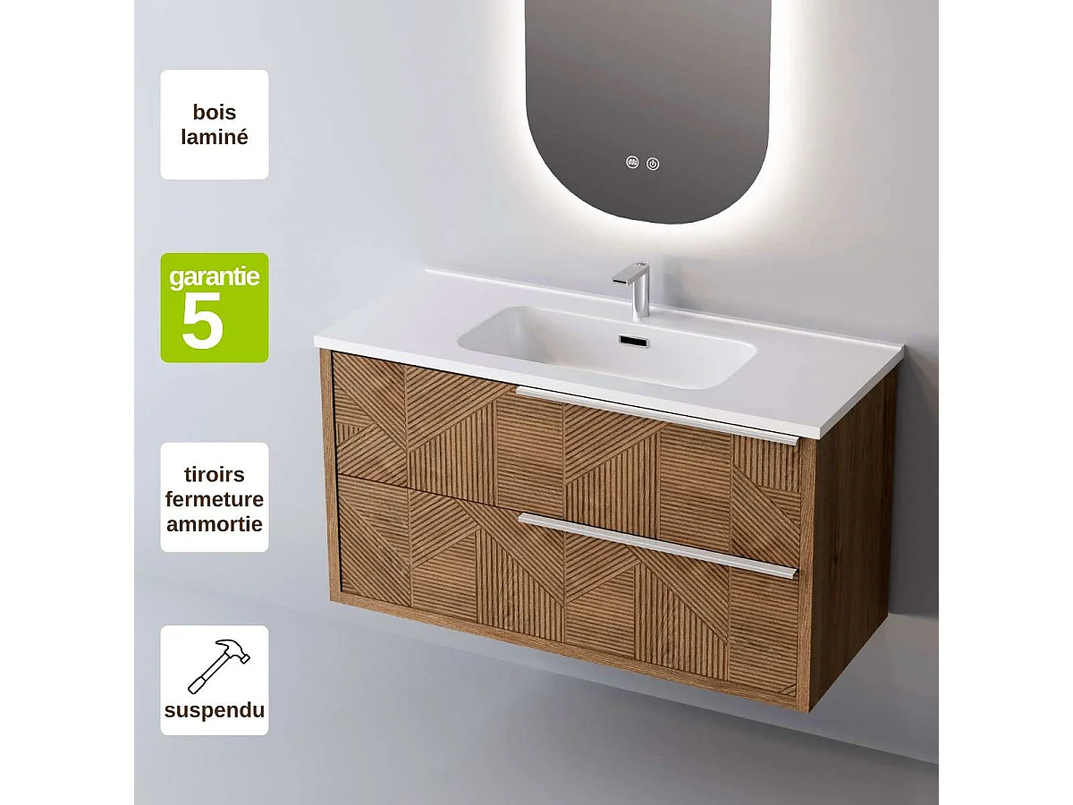 Meuble Salle de Bain REEL 80cm, Plan Vasque Solid Surface, 2 Tiroirs Impression 3D Poignée Inox Satiné, Finition Chêne Moyen, H 54cm x P 45cm