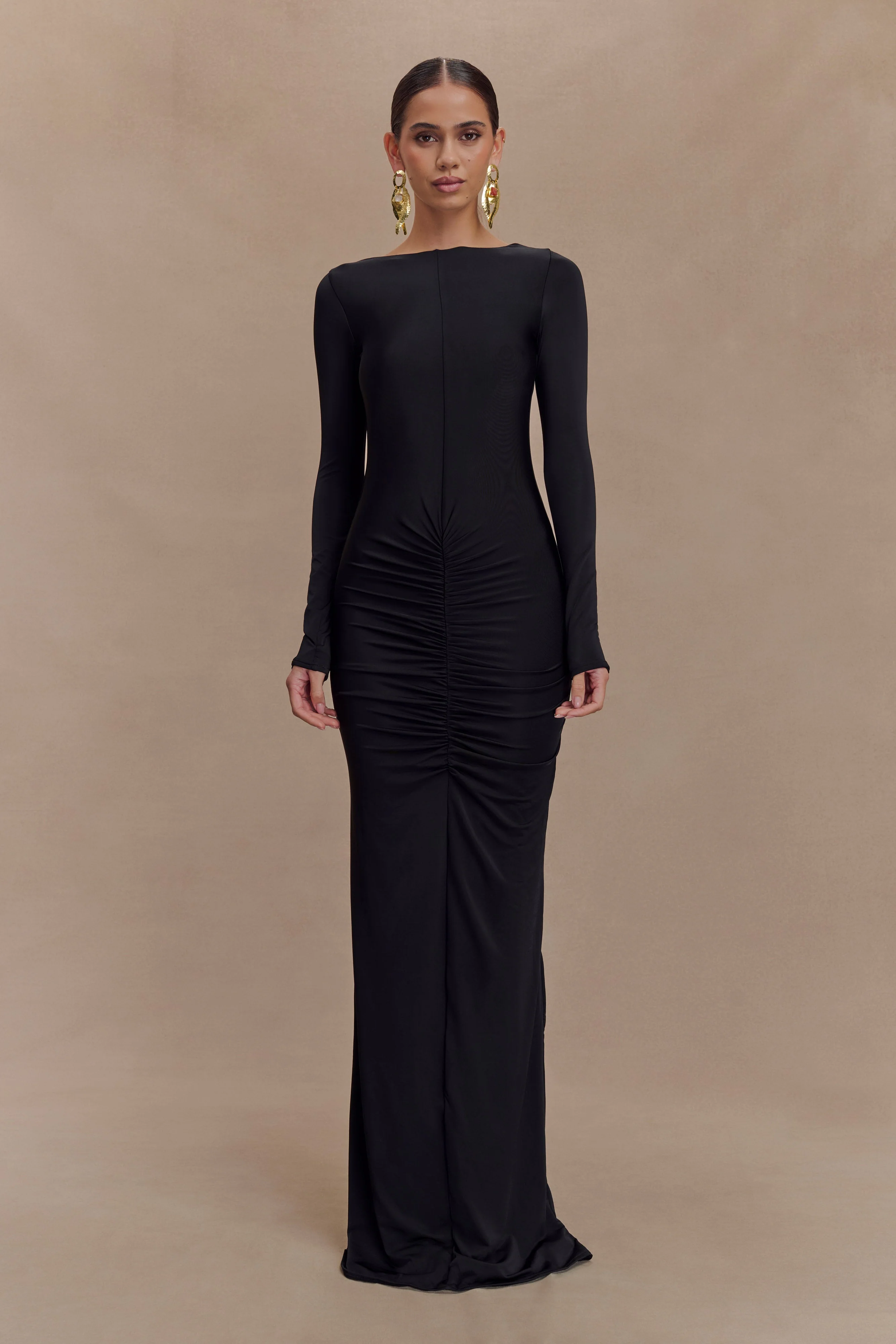 Louisa Long Sleeve Slinky Maxi Dress - Black