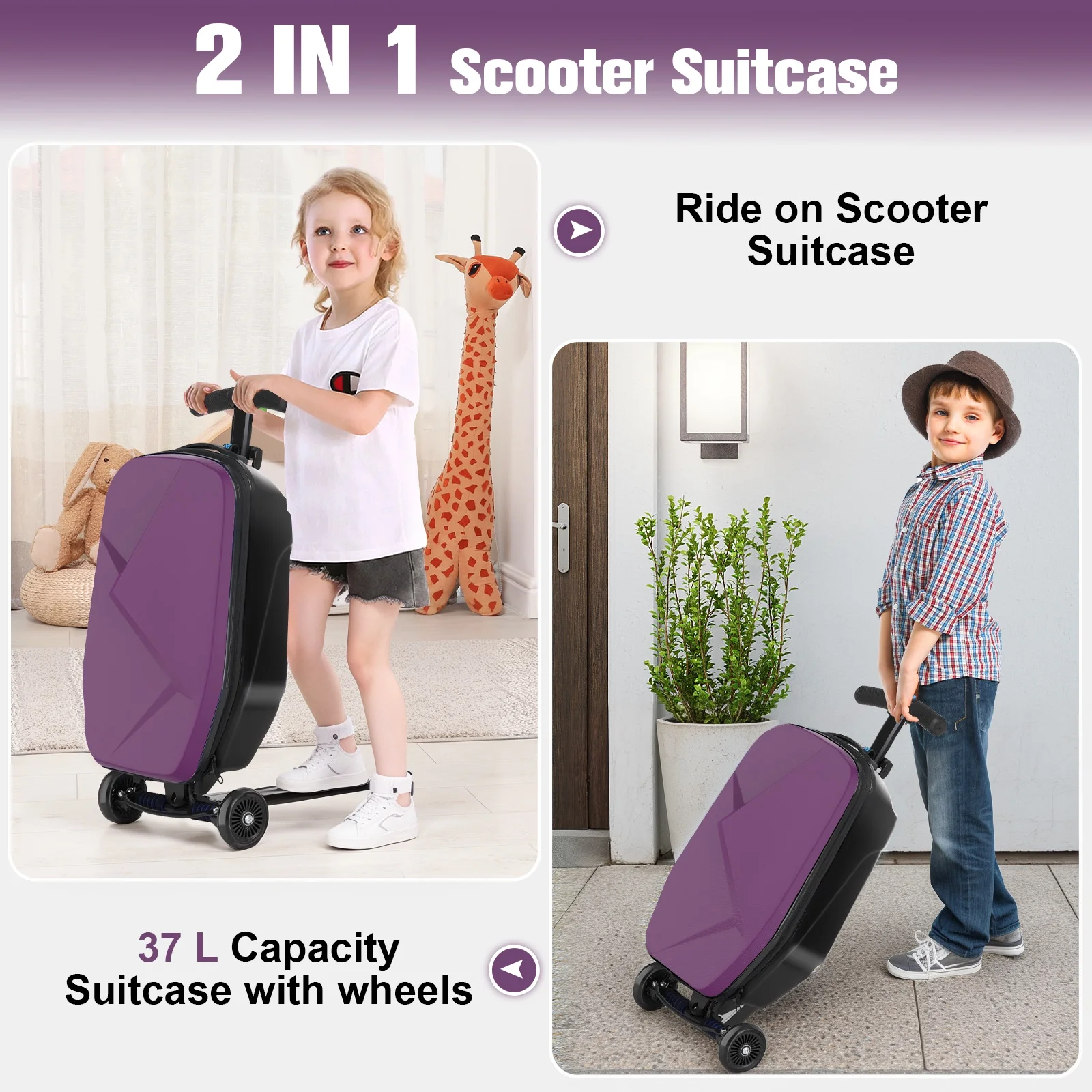 Advwin Scooter Luggage for Kids & Adults, Hardside Ride on Suitcase for Kids Ages 4-15 Multifunctional Lightweight Foldable Carry on Luggage with Wheels Ride on for Children Teenagers, Pink - Image 27