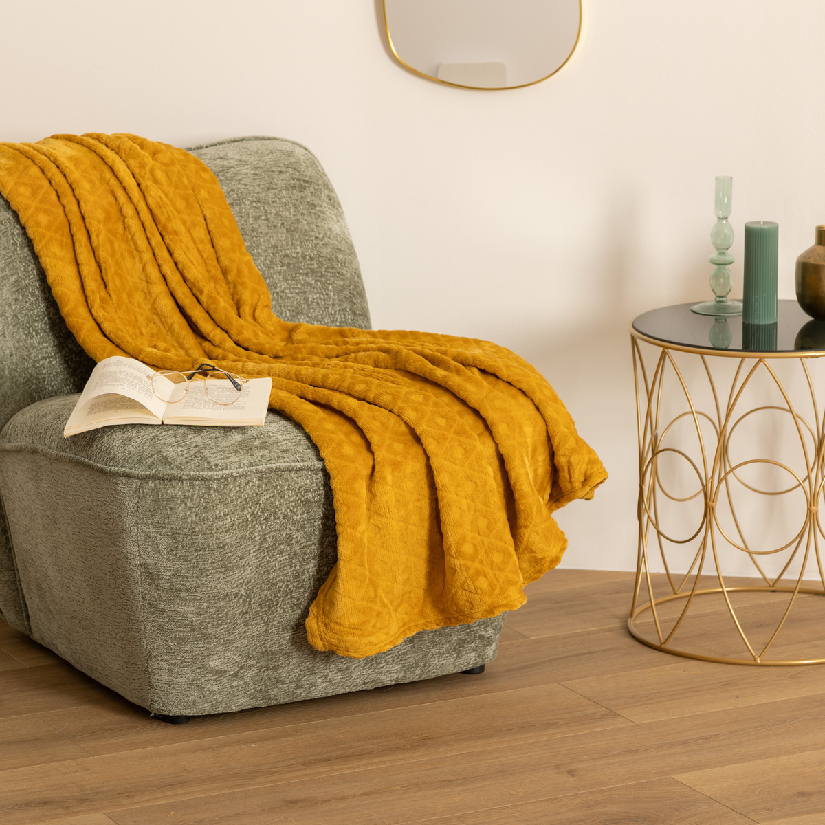 Plaid "Losange", flannel Mustard yellow, 125x150 cm