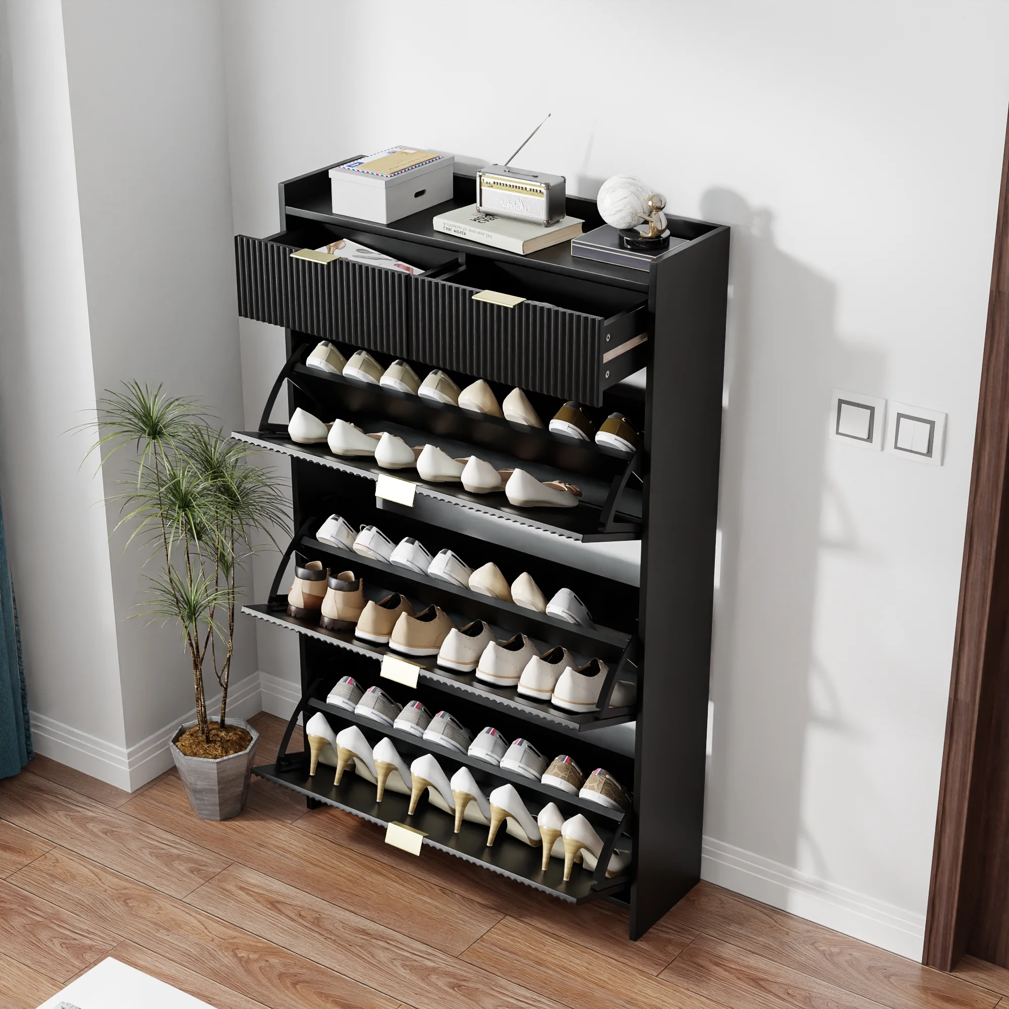Shoe Cabinet, Free Standing Tipping Bucket Shoe Rack Organizer with 3 Flip Drawers, Modern Entryway Narrow Shoe Rack with 2 Drawers & Top Storage, for Hallway Bedroom, Walnut - Image 11
