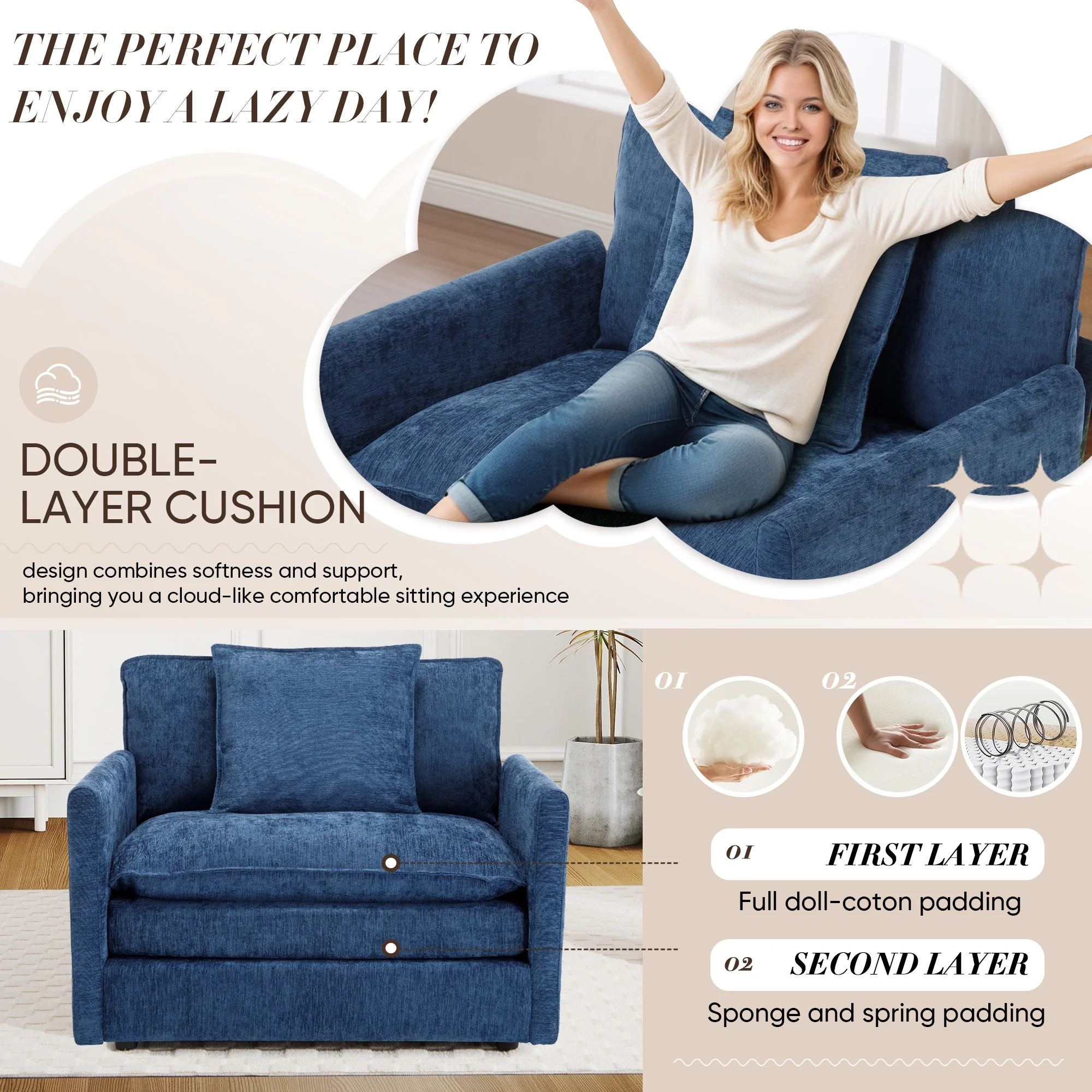 Muumblus Oversized Lounge Chair with Ottoman, Cloud Accent Armchair for Living Room, Beige Chenille - Image 39