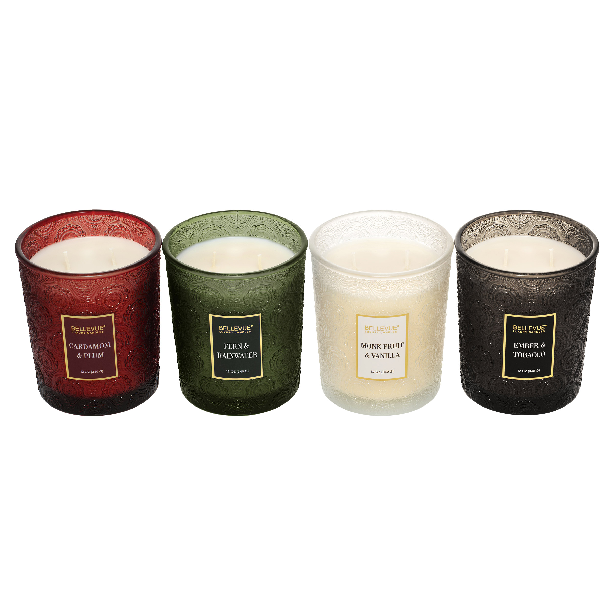 Bellevue Embossed Glass 12 oz. Candle, 4-pack