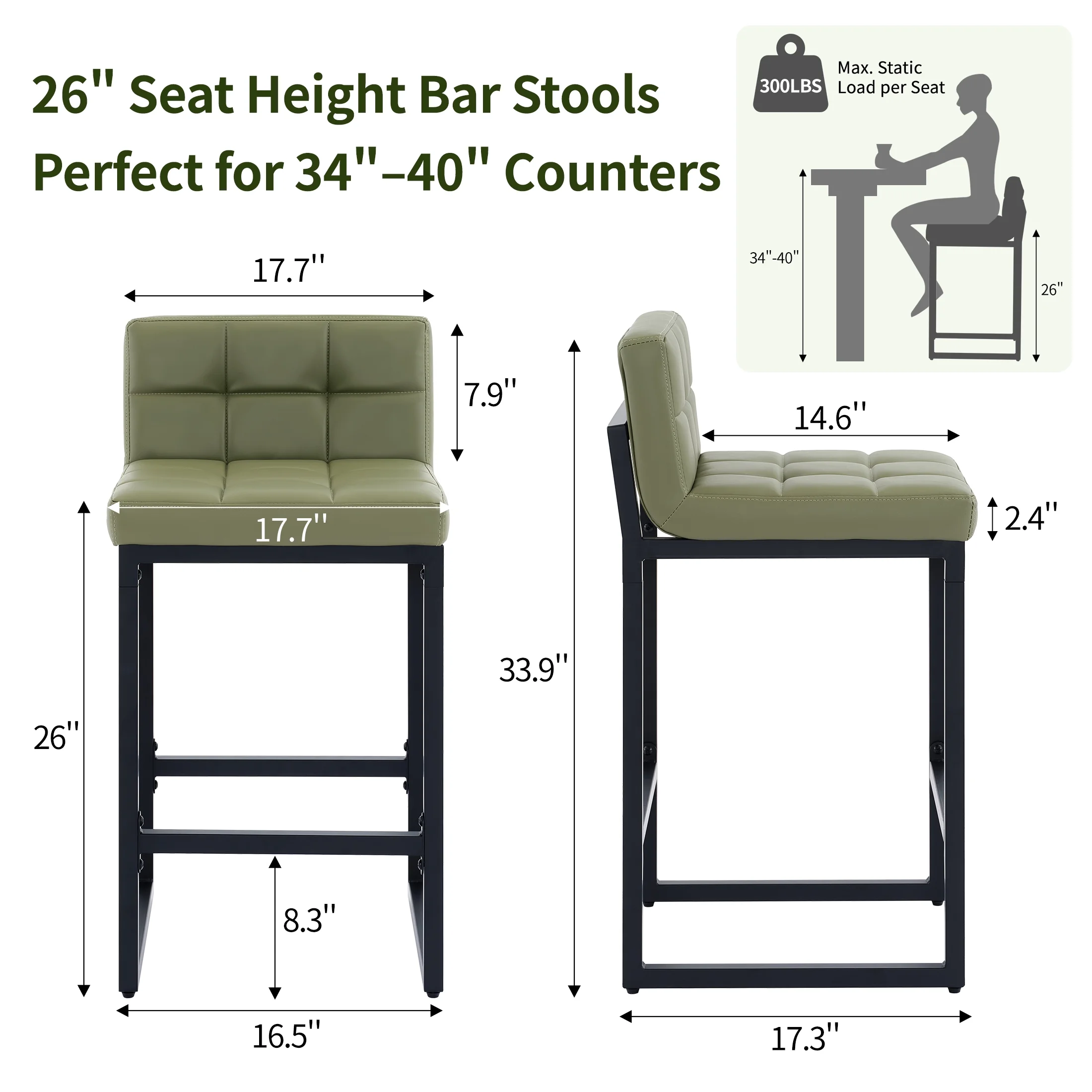 FIRAVOE Bar Stools Set of 3, Counter Height Bar Stools (Low Back)(Thickened Frame) 26" PU Leather Barstools Bar Chairs for Kitchen Island, Black - Image 26