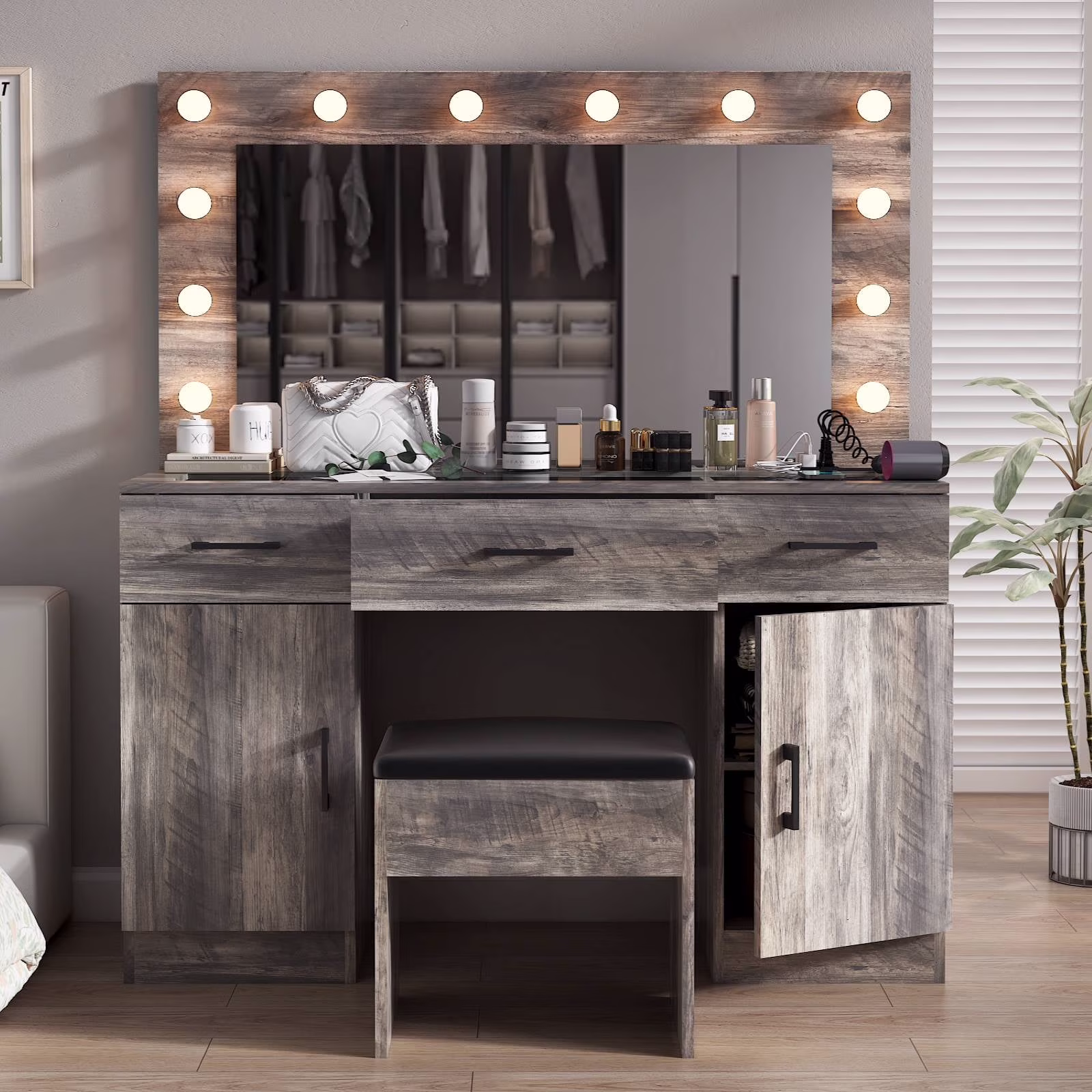 Ktaxon Large Makeup Vanity, Vanity Table Set w/ Visible Glass Top w/ Charging Station, White - Image 5