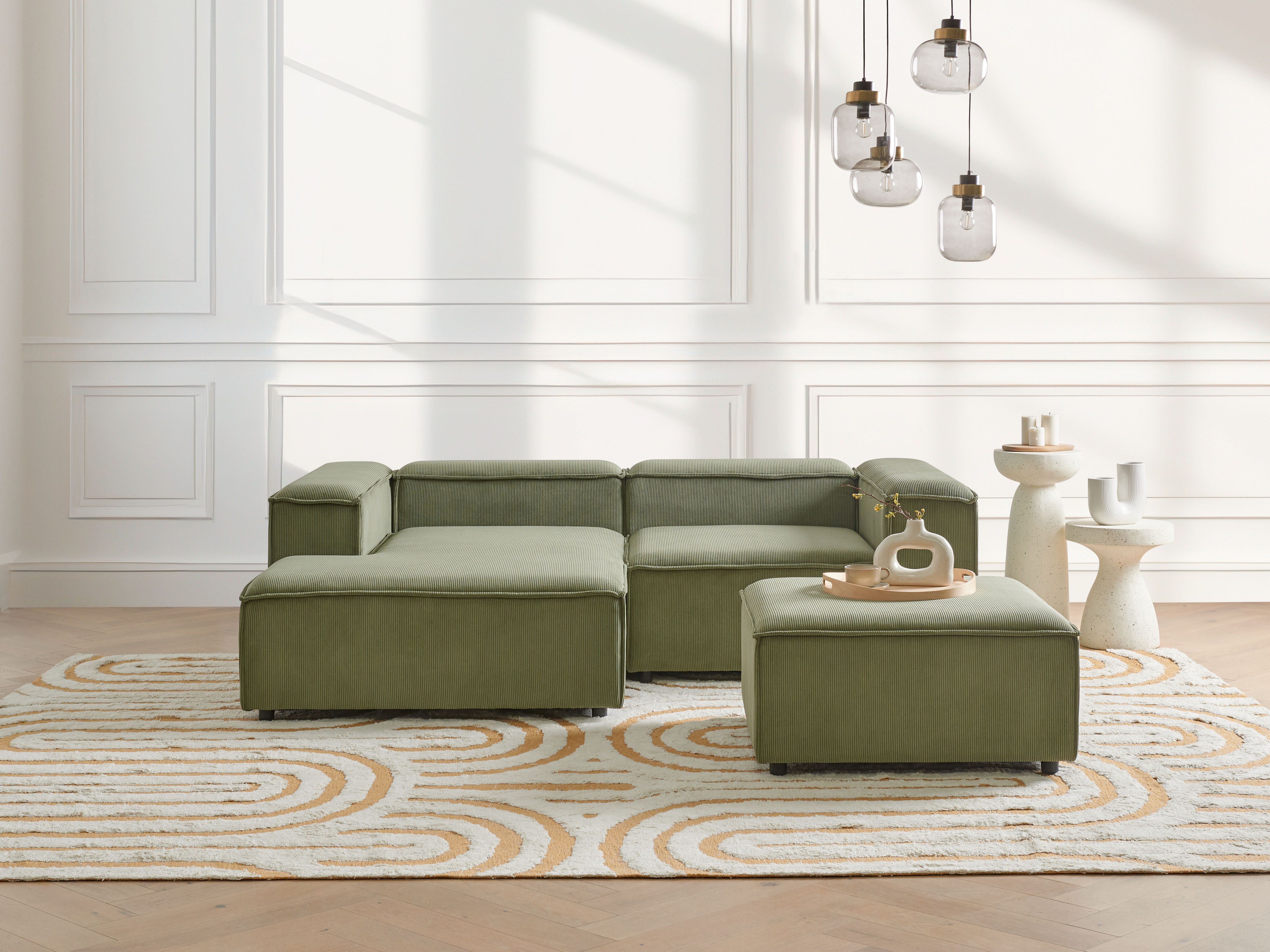 Modular Corner Sofa 3 Seater ARDAL Corduroy Green with Ottoman Right Hand
