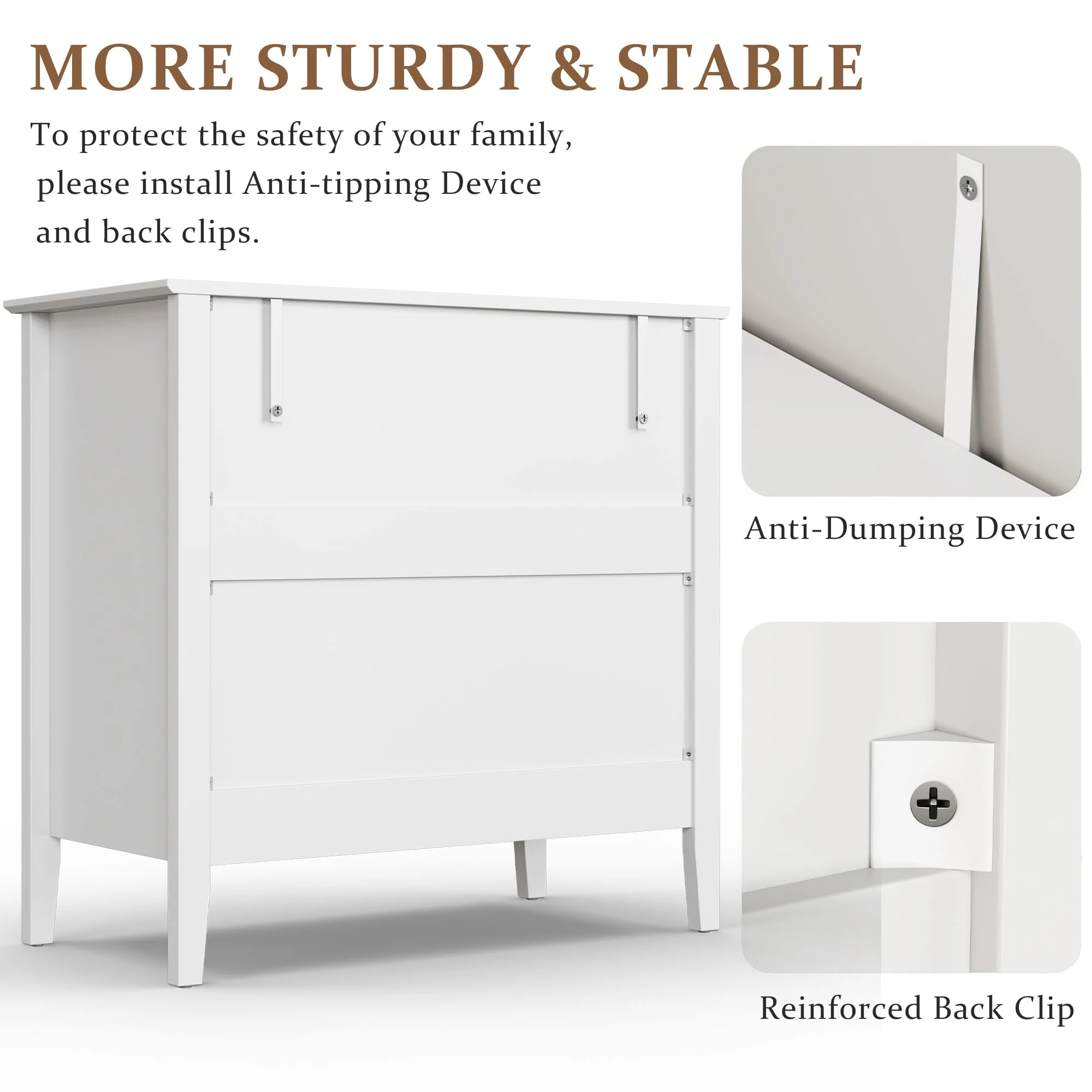 May Color Large White 3 Drawer Dresser Set of 2 with Fluted Panel, Modern Chest of Drawers with Silent Slide Drawers, Wood Accent Nightstand with Storage for Bedroom Living Room, Hallway - Image 30