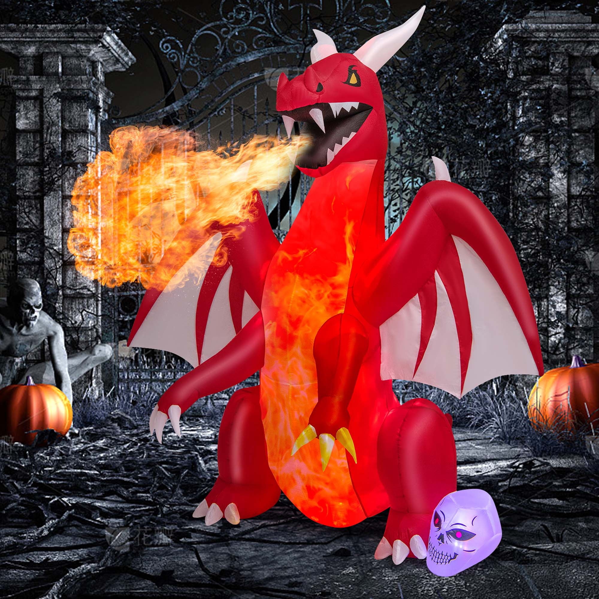 Costway 8 FT Halloween Inflatable Red Dragon with Wings & Skull Holiday Decoration Light - Image 2 Costway 8 FT Halloween Inflatable Red Dragon with Wings & Skull Holiday Decoration Light - Image 2