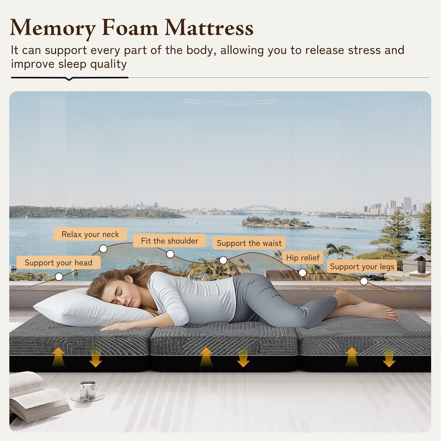 Tri Folding Mattress Queen Size - Memory Foam Tri-fold Handle & Non-Slip Bottom, Portable Foldable Sofa Bed Floor Chair for Travel RV Camping Guest Yoga - 6 Inch, 78