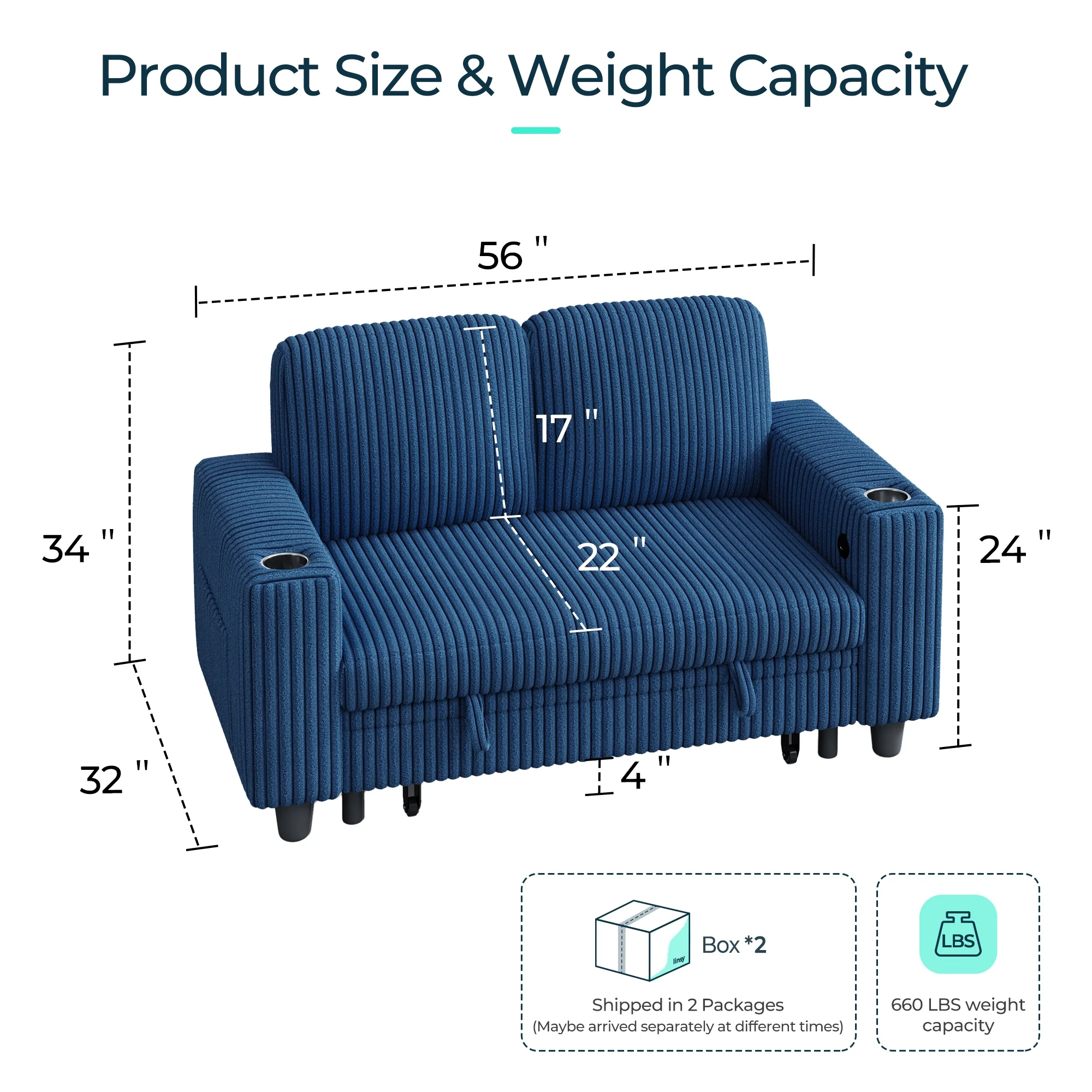 Linsy Home Plush Corduroy Pull Out Couch Chaise Lounge, Convertible Loveseat Sofa Couch With Usb & Cup Holder, Green - Image 12