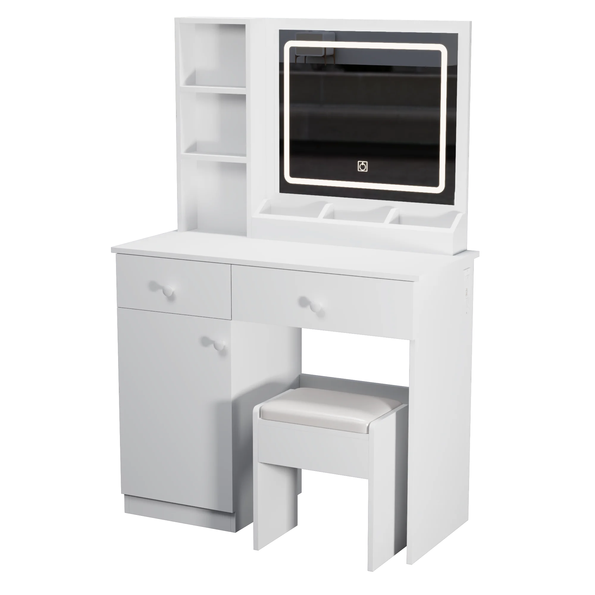 Montary Modern Mini Vanity w/Adjustable LED Mirror + Hidden Storage, Padded Stool & Dustproof Shelves (White) - Image 55