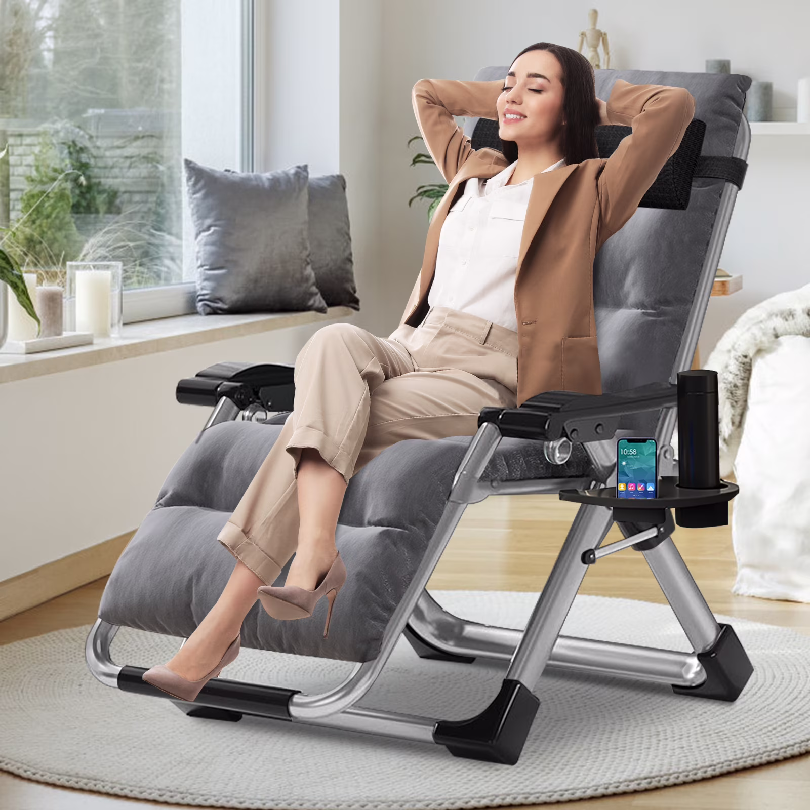 NAIZEA Zero Gravity Chair with Removable Cushion and Cup Holder Black - Image 16
