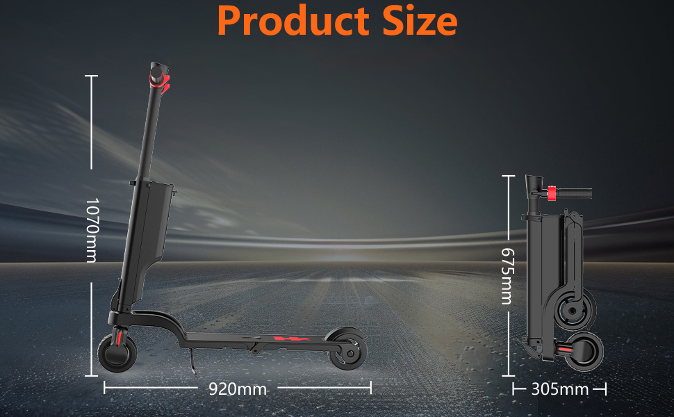 Wymiary produktu hulajnoga elektrycznego: wysokość 1070 mm, długość 920 mm po rozłożeniu. Składana konstrukcja o wysokości 675mm i szerokości 305 mm po zawinięciu. Czarny kolor z czerwonymi akcentami.